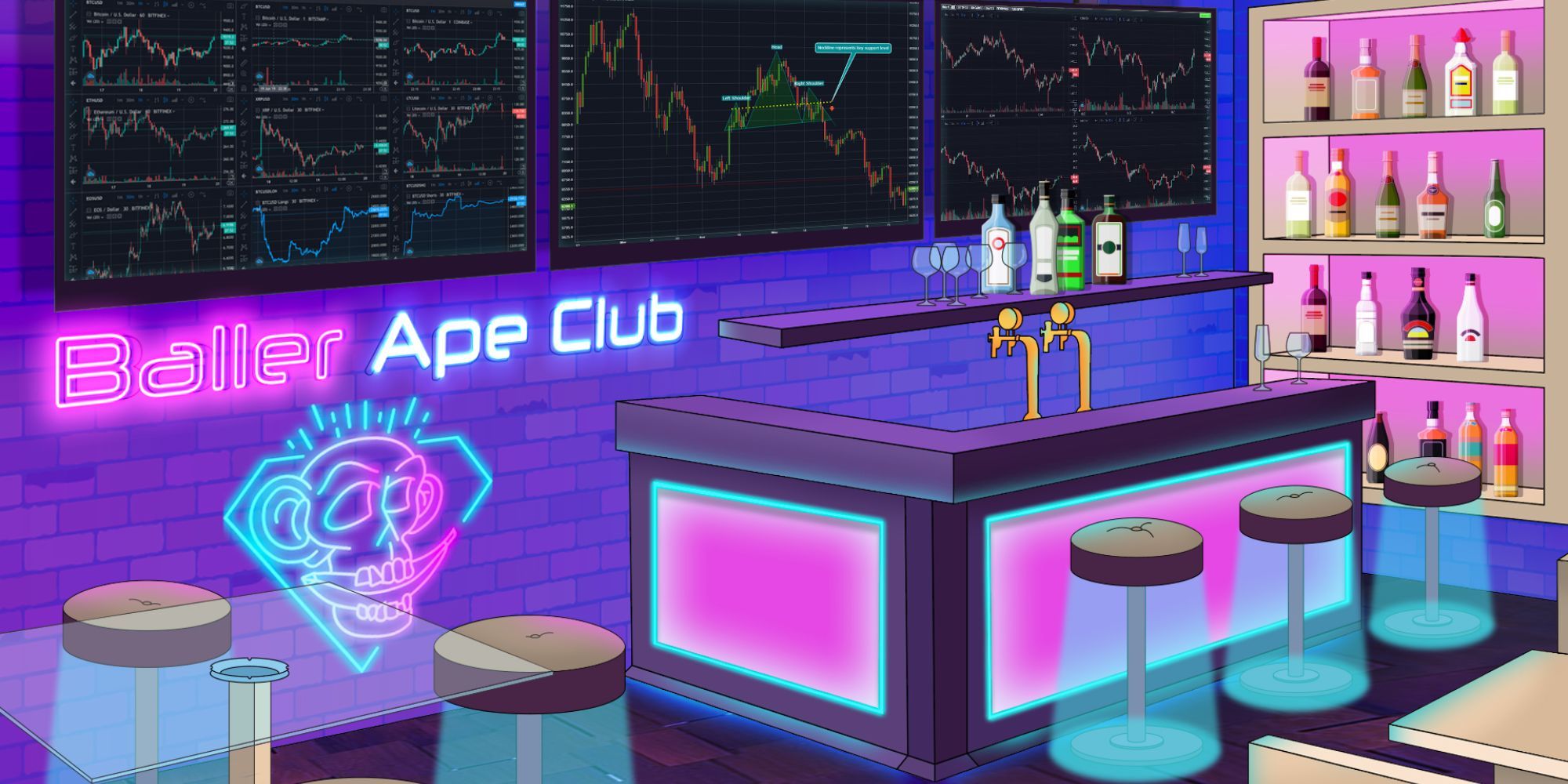 A purple bar setting. Neon lights on the wall read: Baller Ape Club.