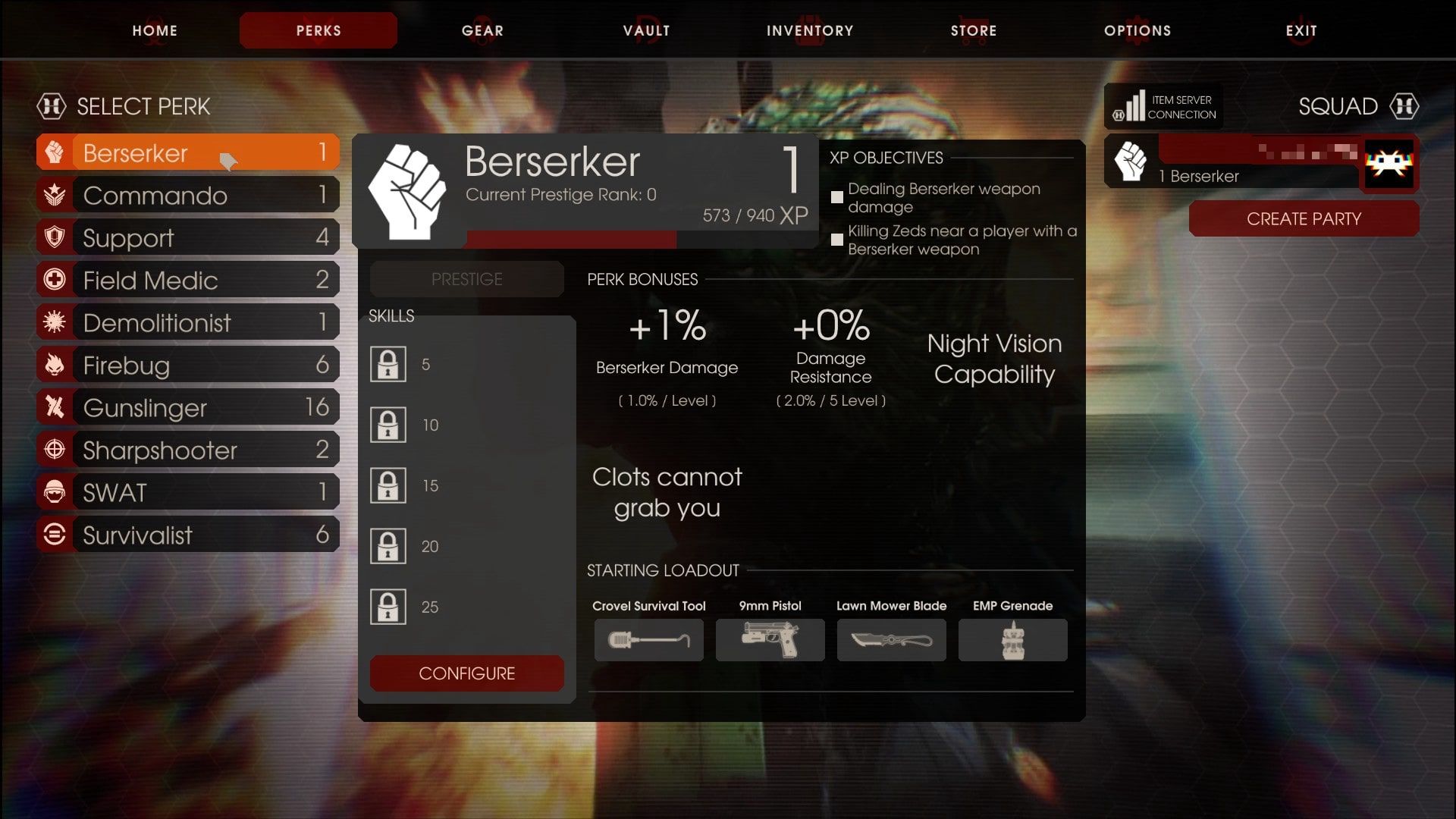 A screen showing the Berserker perk in Killing Floor 2