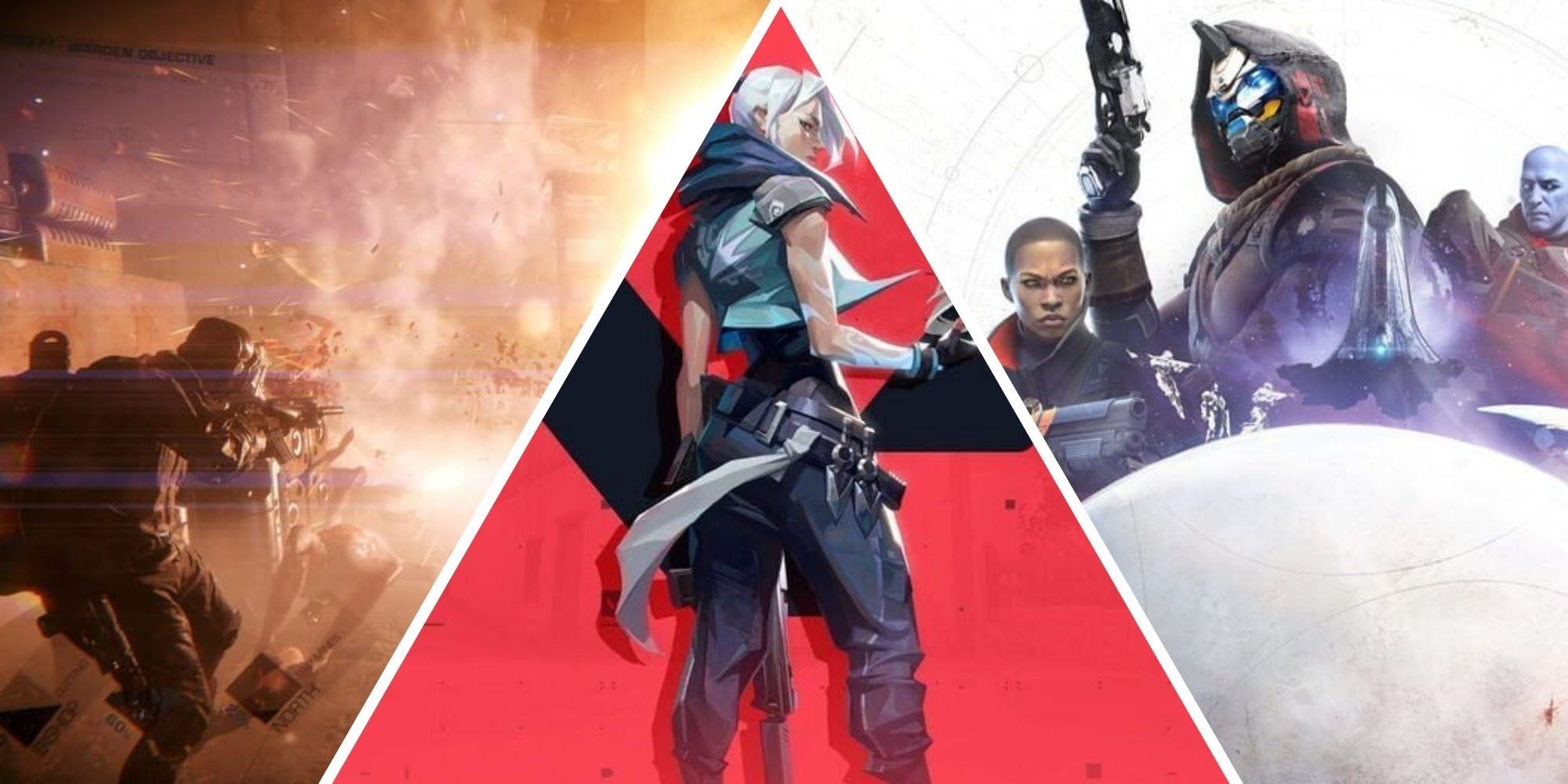 GTFO, Valorant, Destiny 2 key art split image showing various characters in action poses