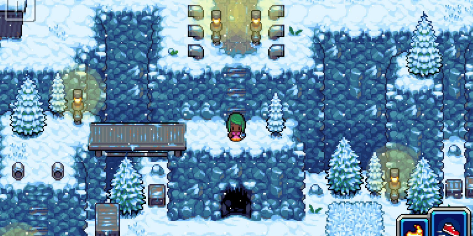 character exploring a snowy mountain area in coromon
