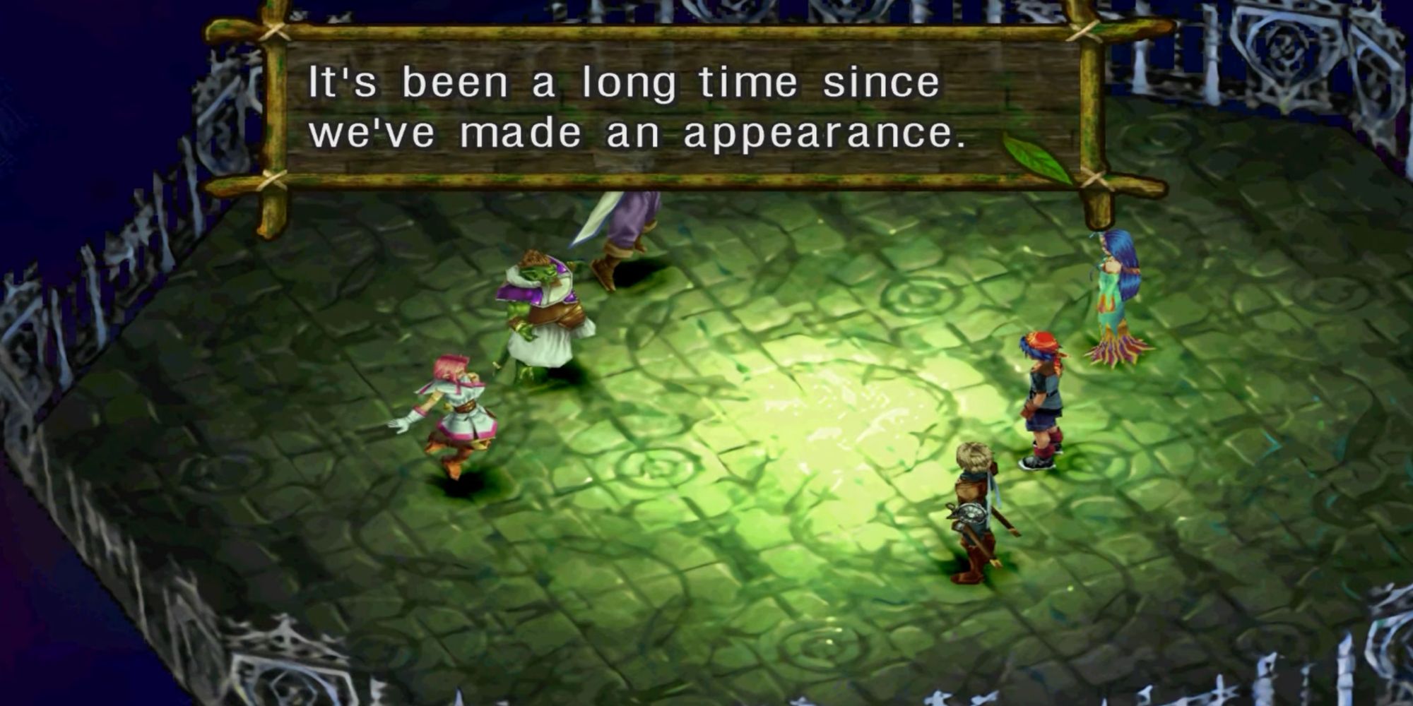 A screenshot of Chrono Cross: The Radical Dreamers Edition, showing Serge and the party confronting Ozzie, Flea, and Slash in the Bend Of Time