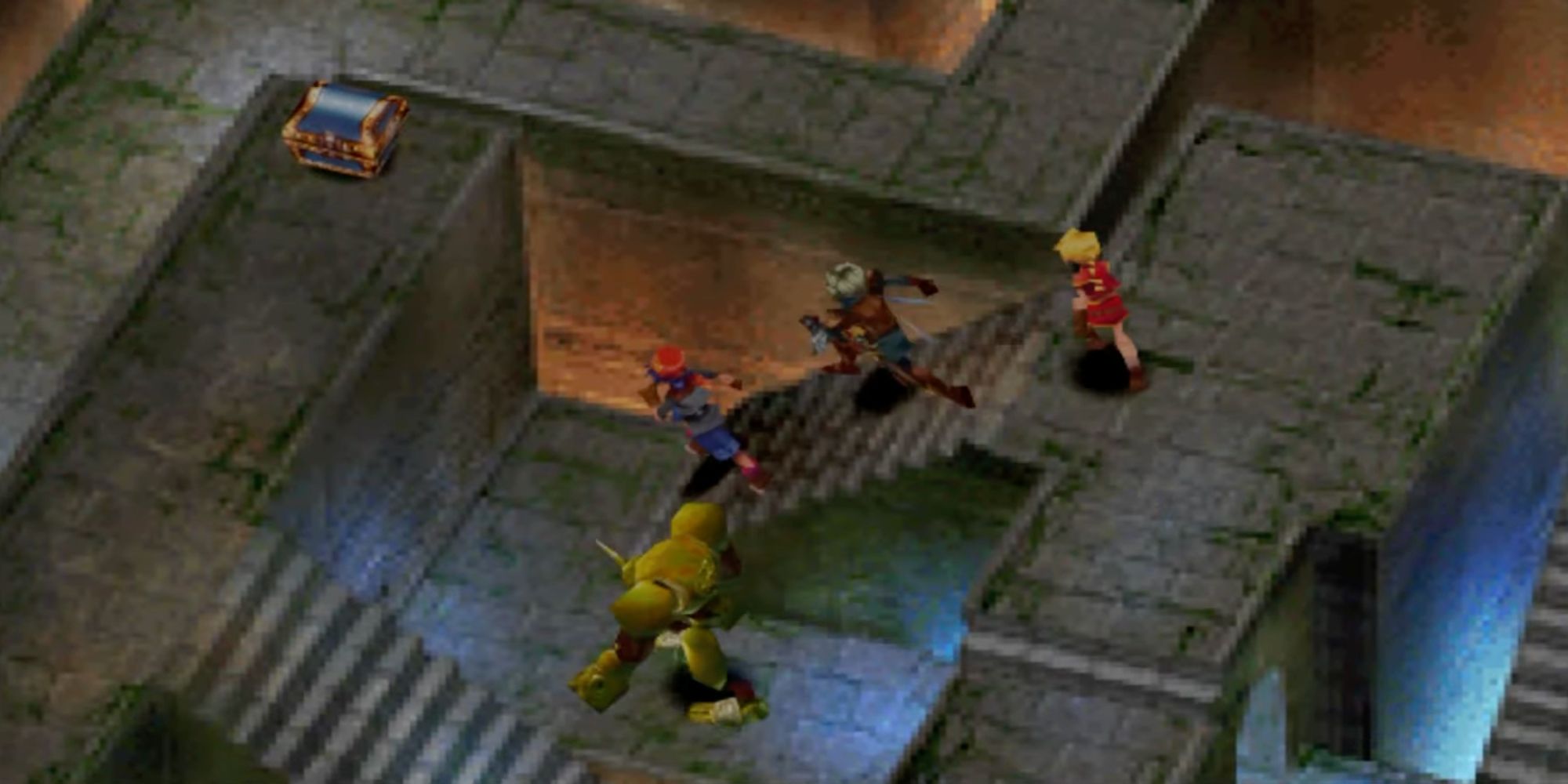 Ein Screenshot von Chrono Cross, der Serge und die Gruppe zeigt, wie sie Fort Dragonia erkunden, während ein Cybot-Feind auf der Lauer liegt