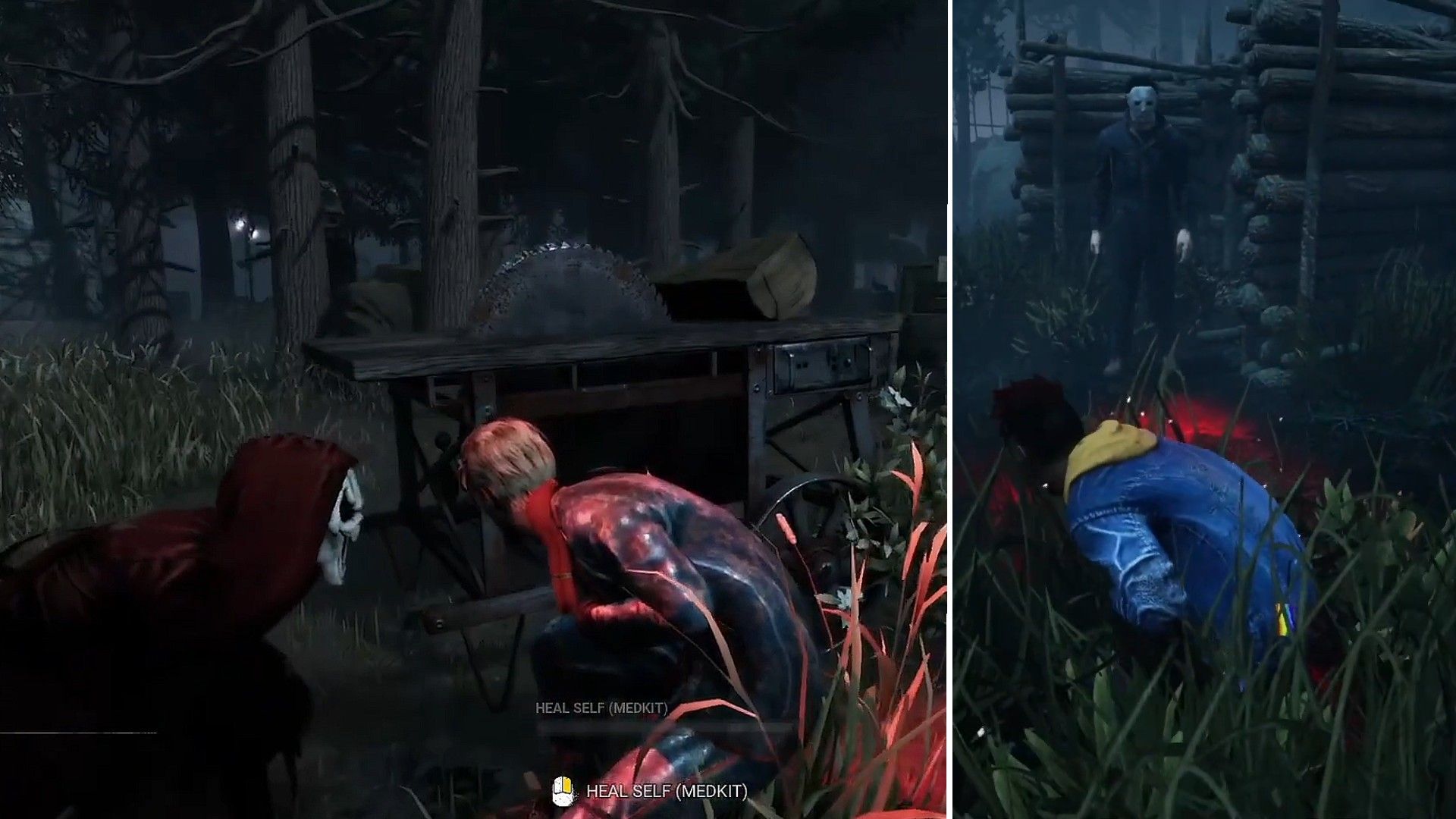 A Ghost Face and Michael Myers killer intimidate survivors by nodding or crouching in dead by daylight