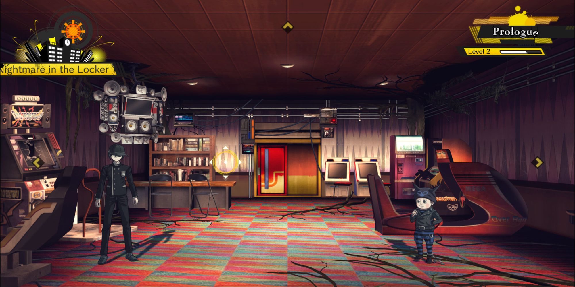 two characters in the arcade room