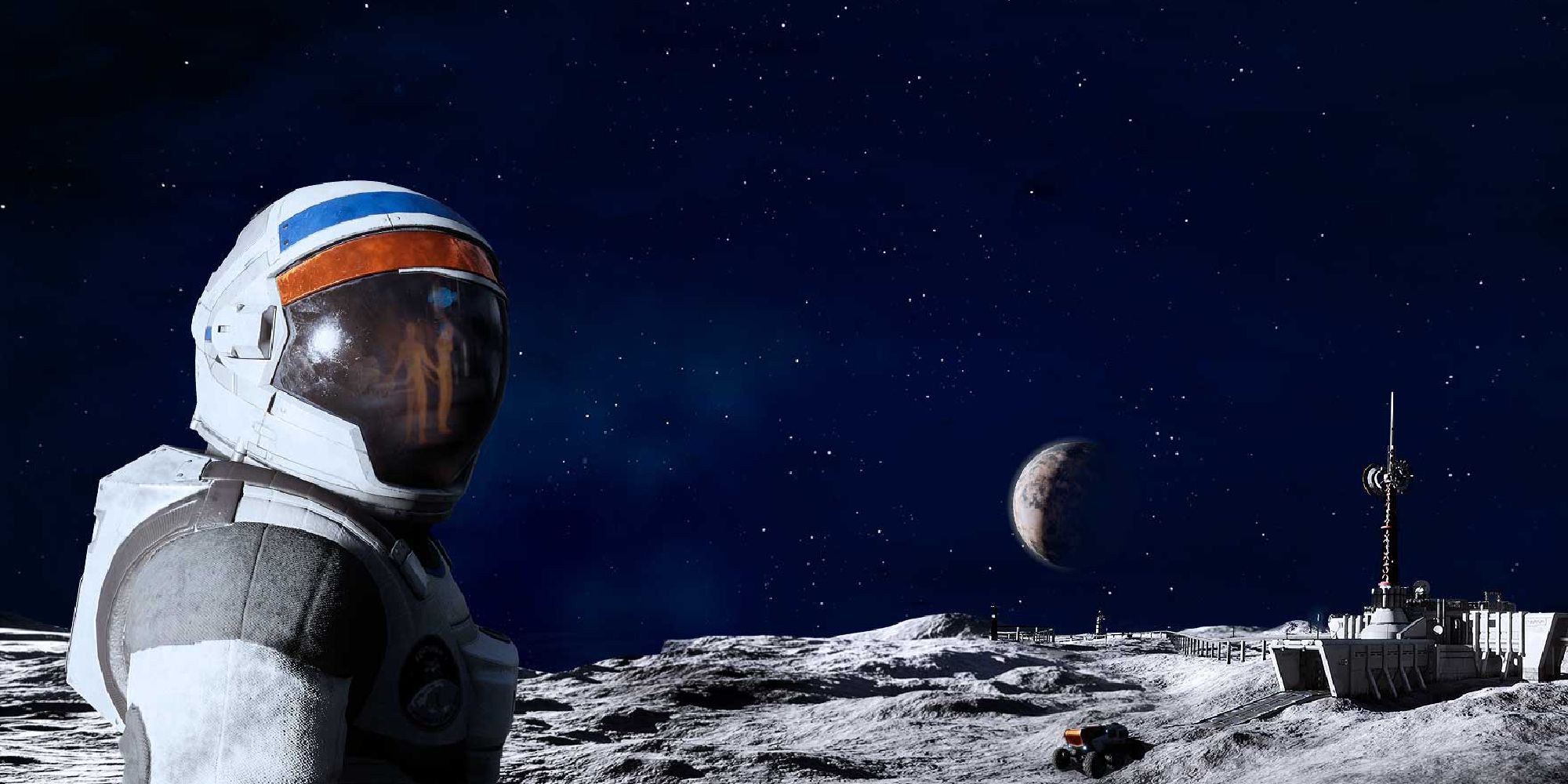 A screenshot of Deliver Us The Moon, showing the main character standing on the moon with ghostly silhouettes reflected in their spacesuit visor