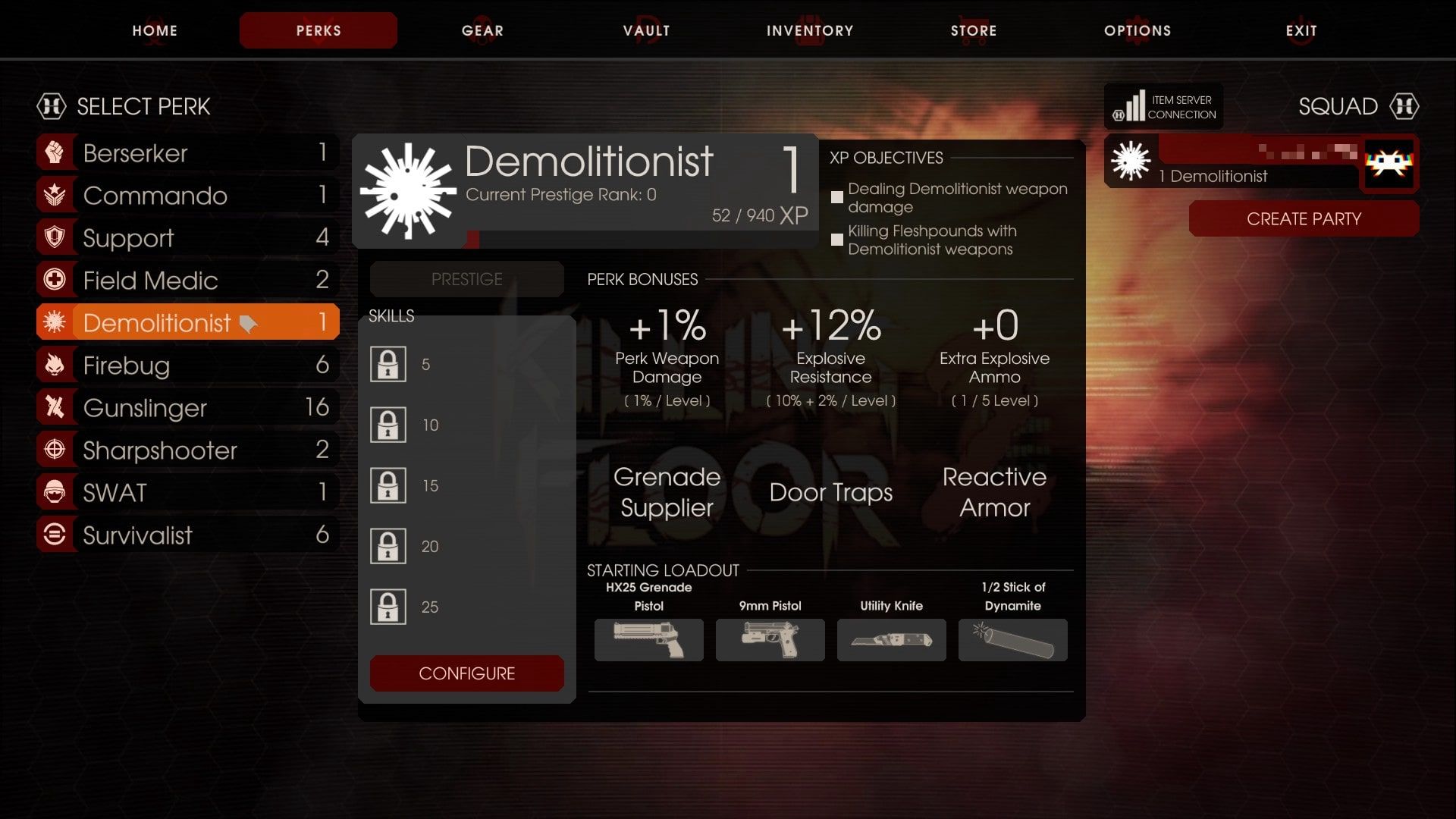 A screen showing the Demolitionist perk in Killing Floor 2