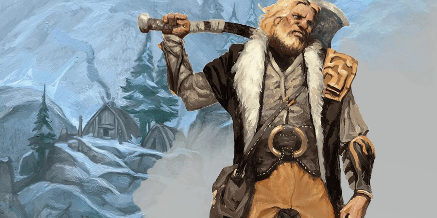 Dungeons And Dragons: A Human Barbarian Male in the mountains with a snow village in the background