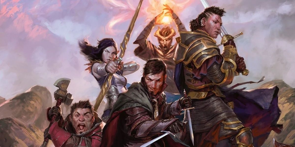 Dungeons And Dragons: Ein Tiefling-Zauberer, ein menschlicher Kämpfer, ein abtrünniger Halbling-Kleriker und ein Elfen-Waldläufer, die gemeinsam zum Kampf bereit sind – Sword Coast Adventurer's Guide von Tyler Jacobson