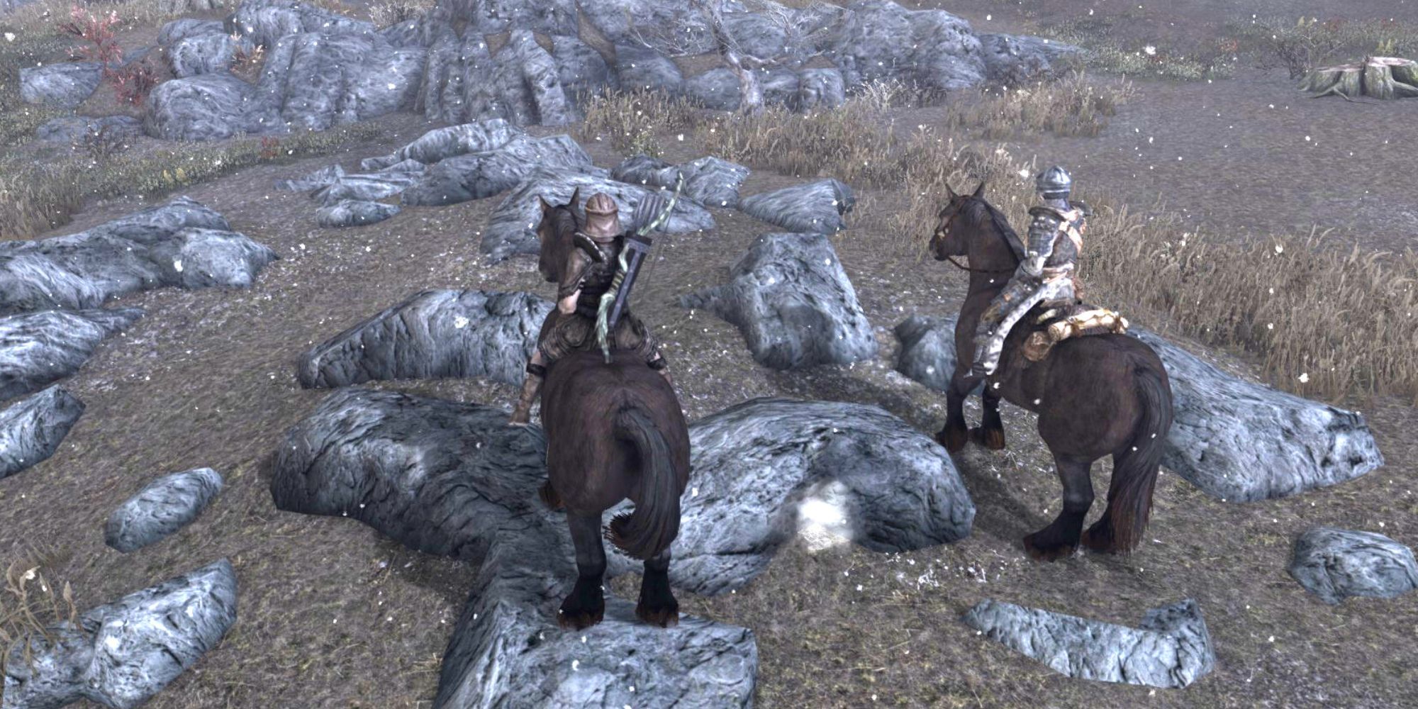 two players on their horses in the middle of Skyrim