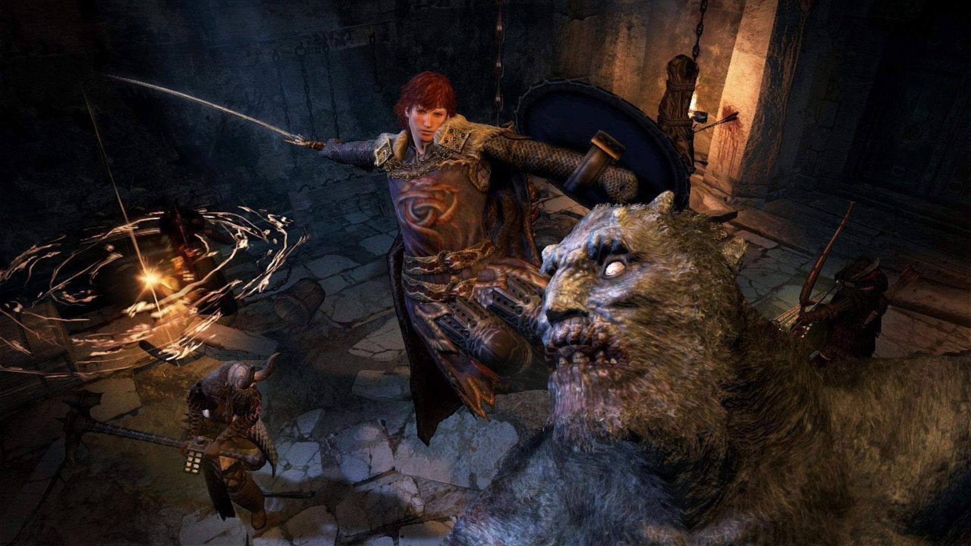 Dragon's Dogma player mounted on a giant about to stab them in the head