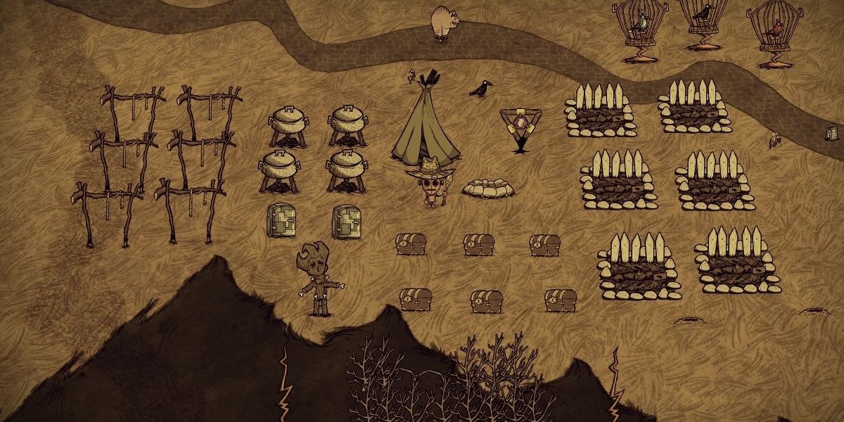 Don't Starve Together WX78 Holding Fishing Rod Wearing Straw Hat In Desert In Base Farms Drying Racks Tent 