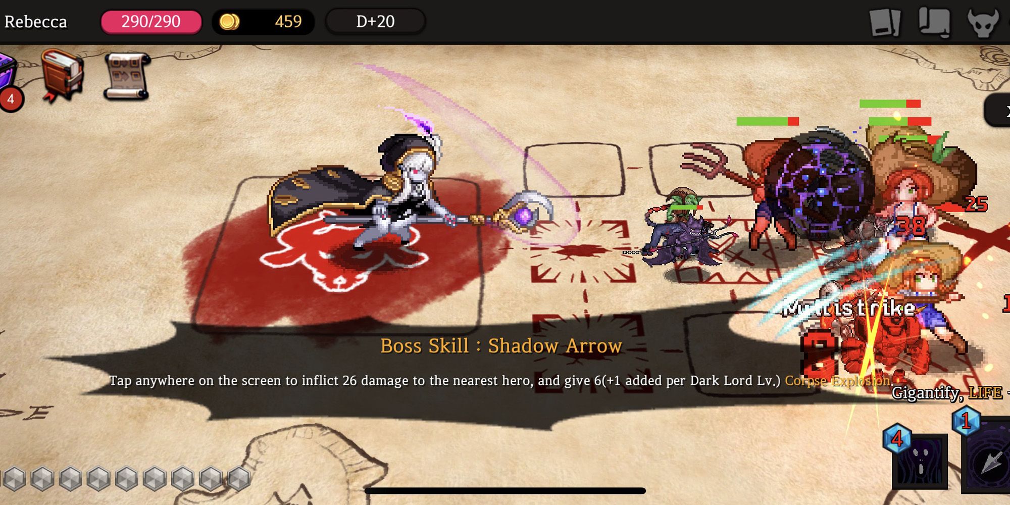 dungeon maker dark lord rebecca using boss skill to attack waves of enemies