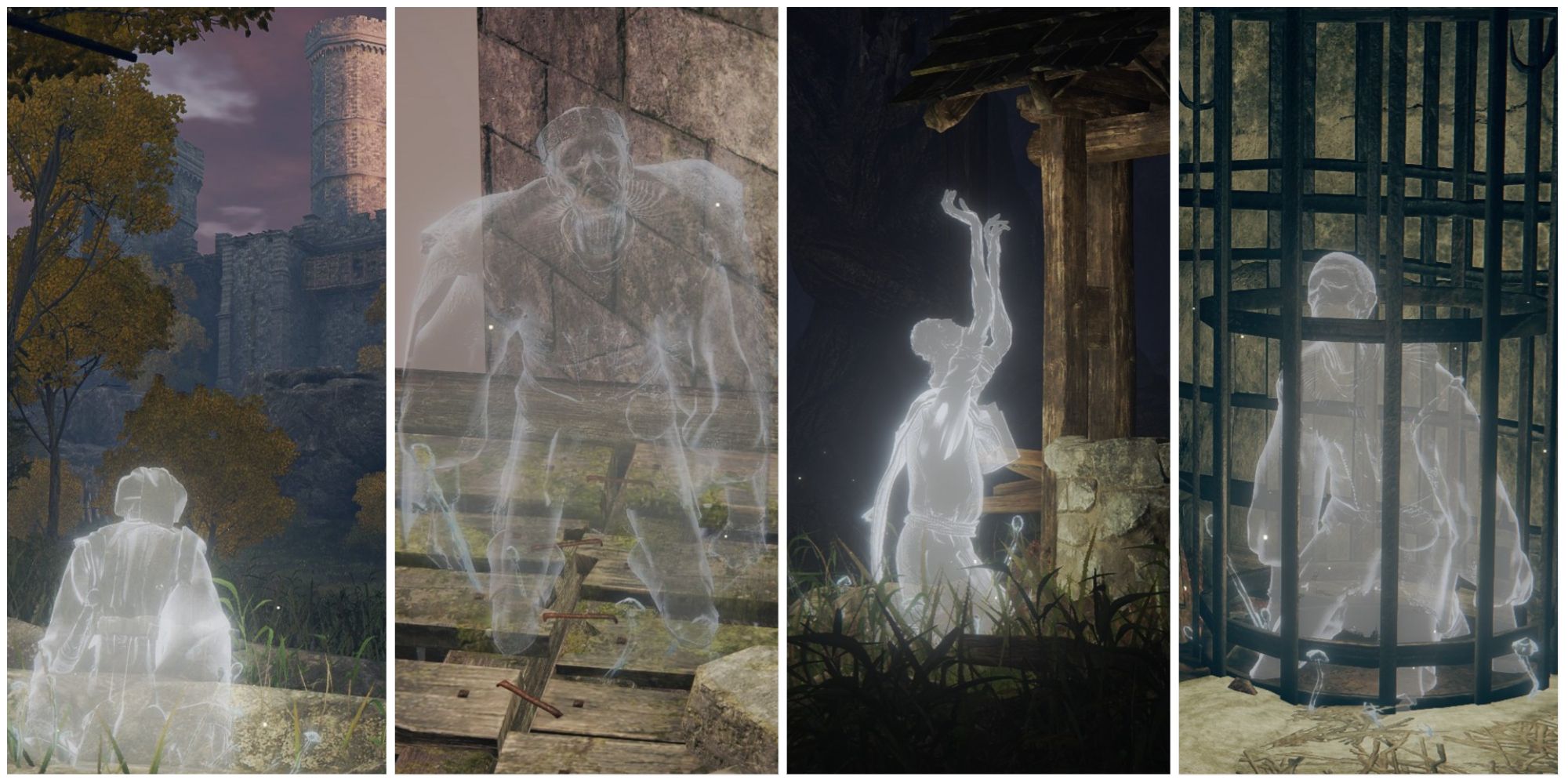 Collage of screenshots showing four elden ring ghosts.