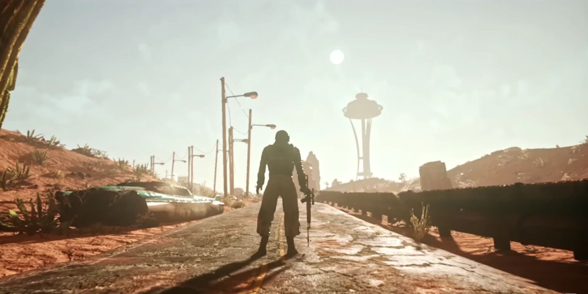 fallout new vegas unreal engine 5 remake screenshot showing the courier holding a rifle down by their side and looking at the tall building with a 360 view on top of it in new vegas