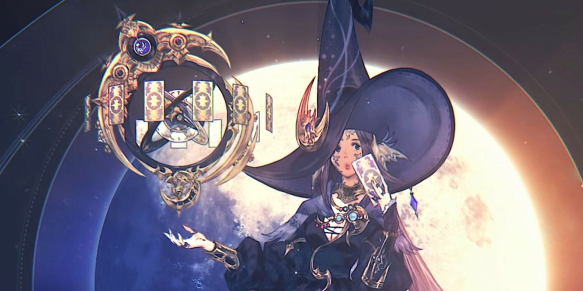 An astrologian holding up a wepaon against a moon backdrop
