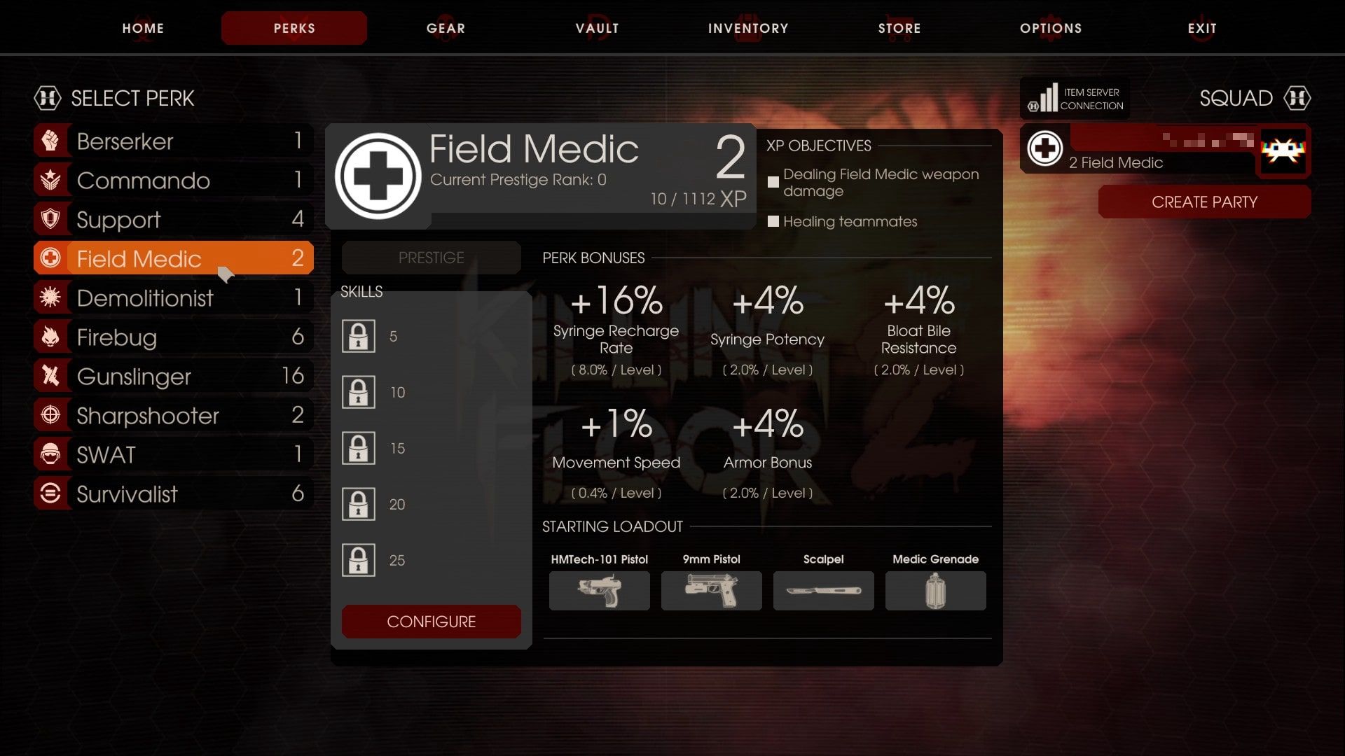 A screen showing the Field Medic perk in Killing Floor 2