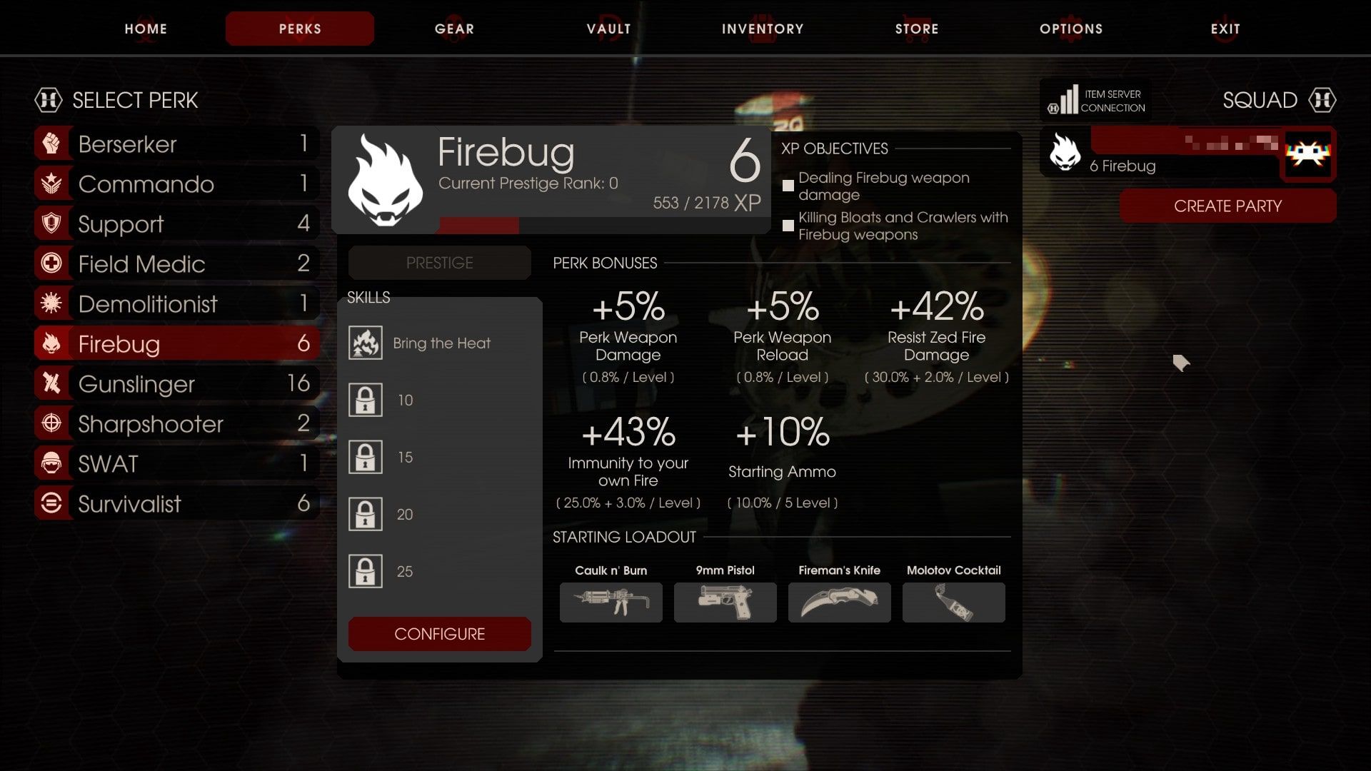 A screen showing the Firebug perk in Killing Floor 2