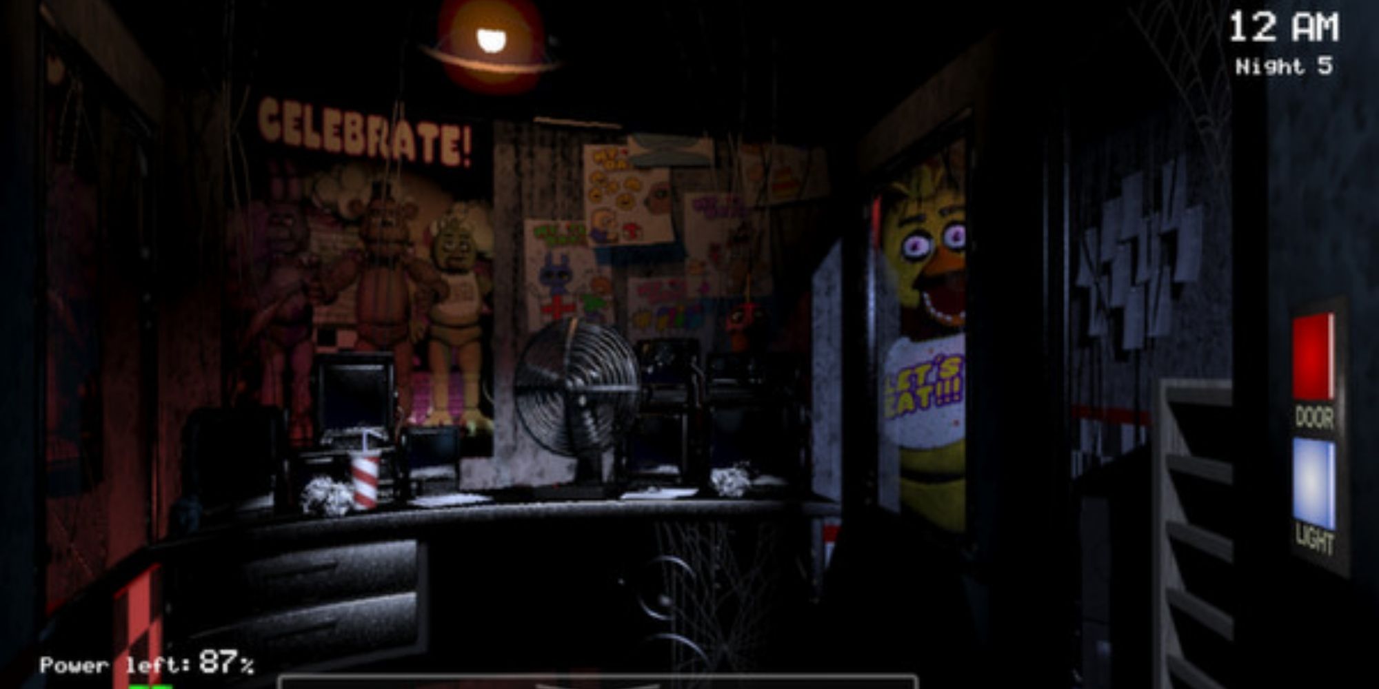 The fnaf 1 office with Chica lit up in the window of the door.