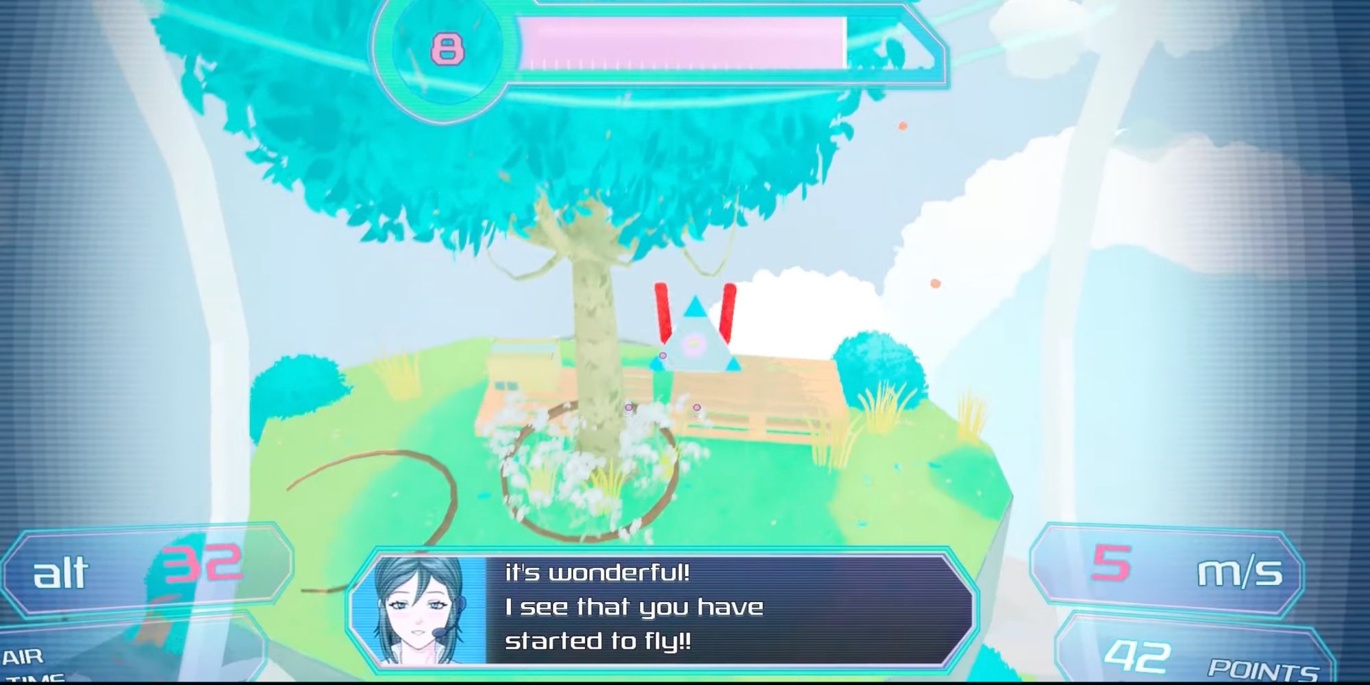 A screenshot of Forza Polpo, showing a floating island with a pastel-colored robot on it
