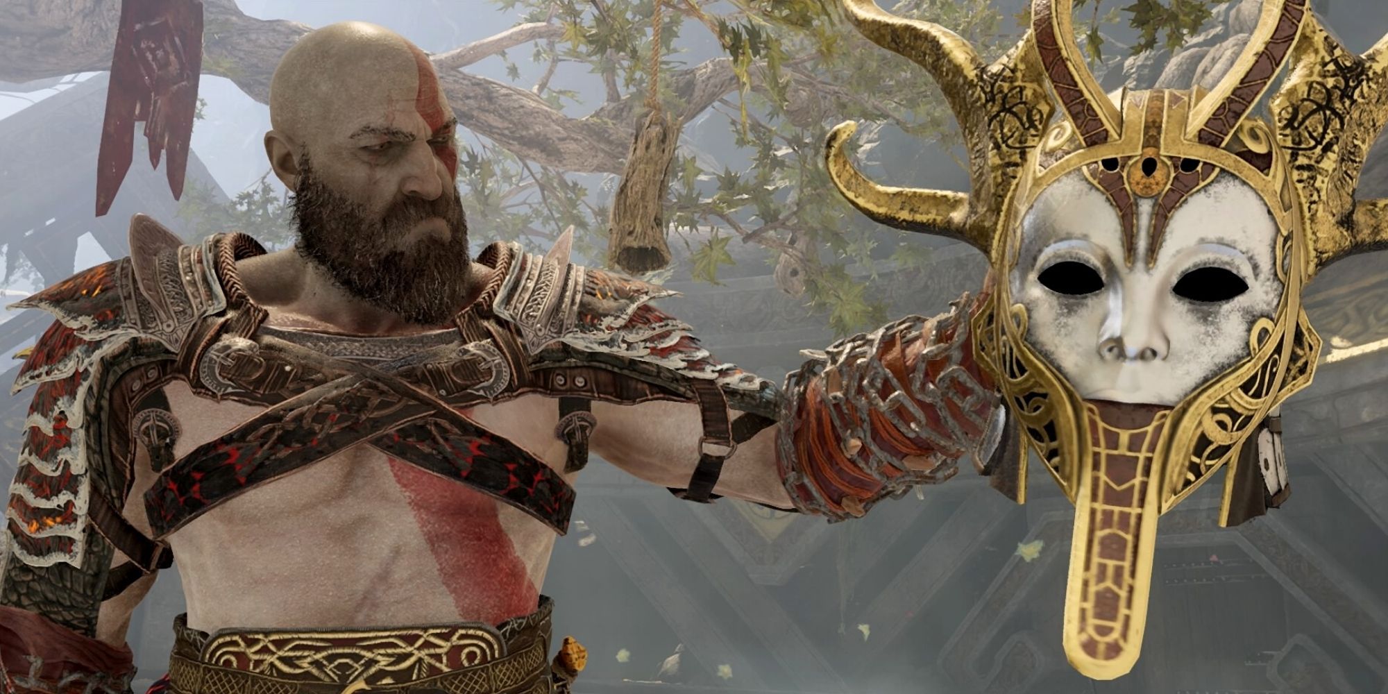 Kratos wields the mask of the valkyrie Rota
