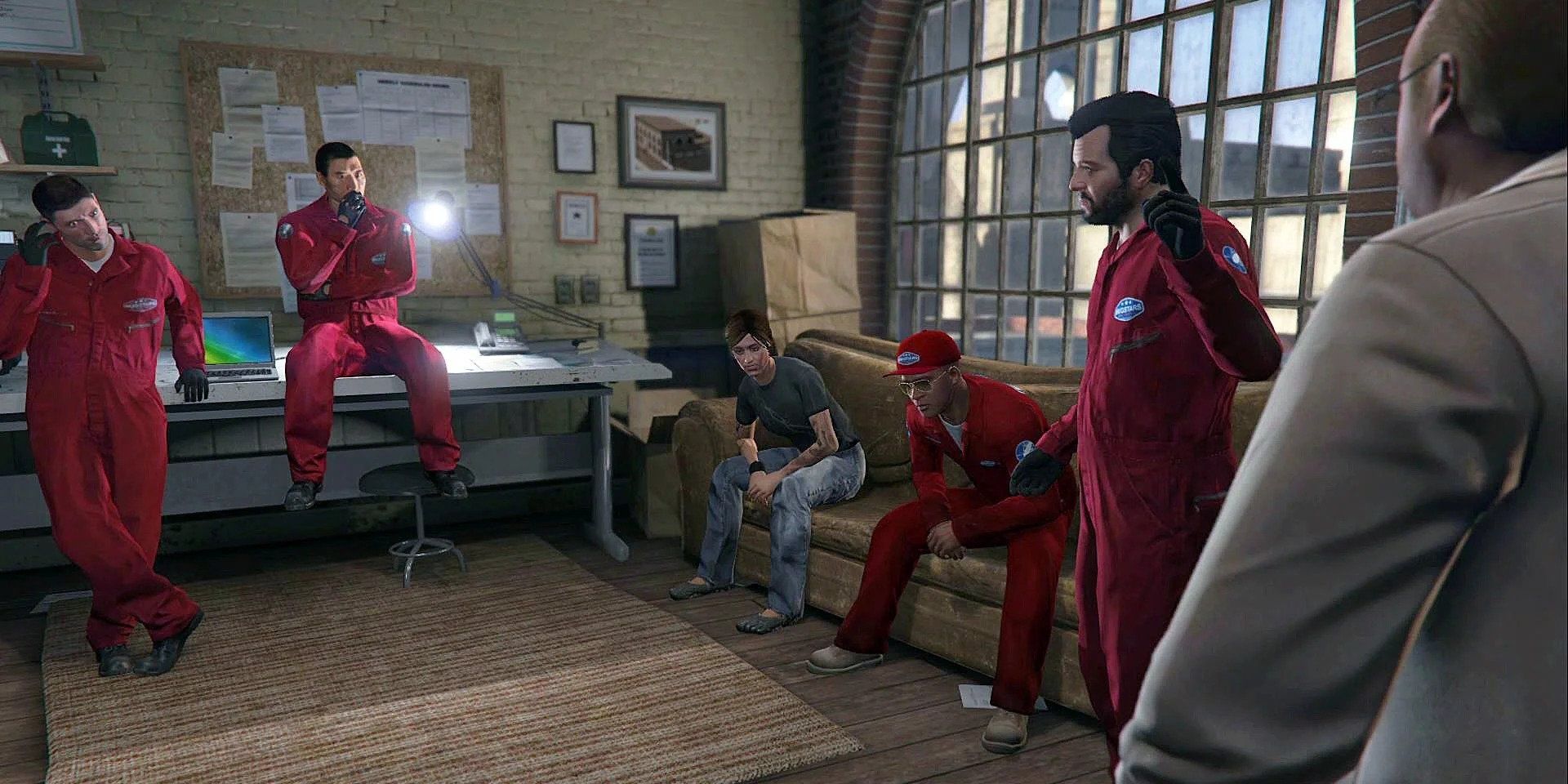 characters in a room in red suits talking in a GTA 5 prep heist