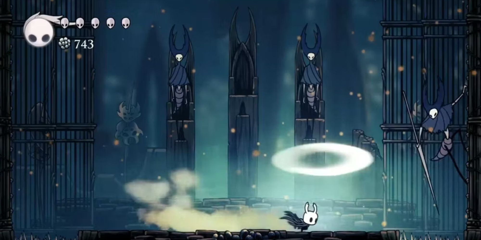 Still of the Mantis Lords Fight In the Fungal Wastes in Hollow Knight.