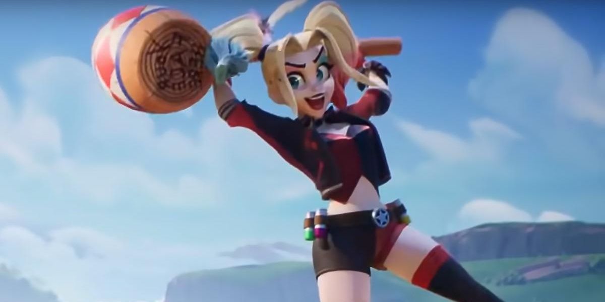 Harley Quinn in the air with her hammer