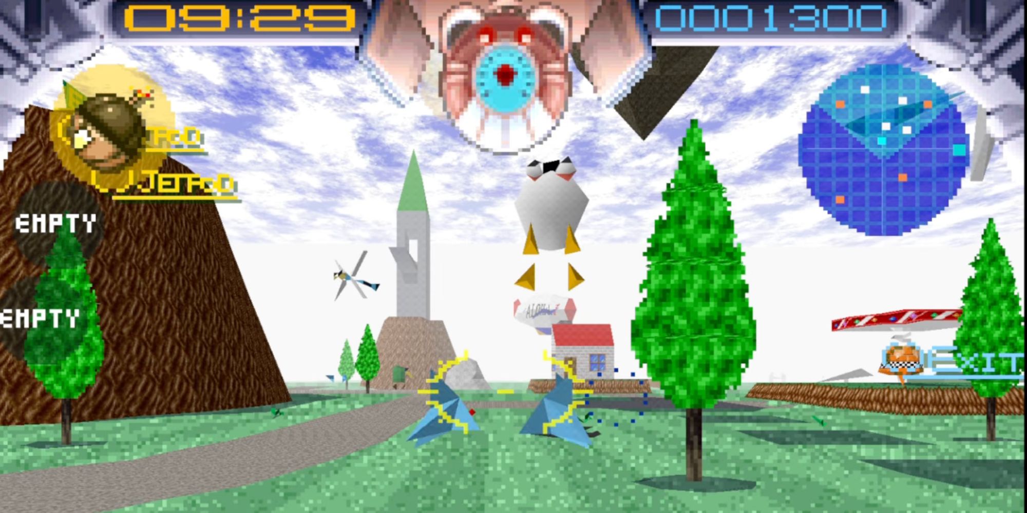A screenshot of Jumping Flash, showing a strange creature menacing the player in a surreal environment