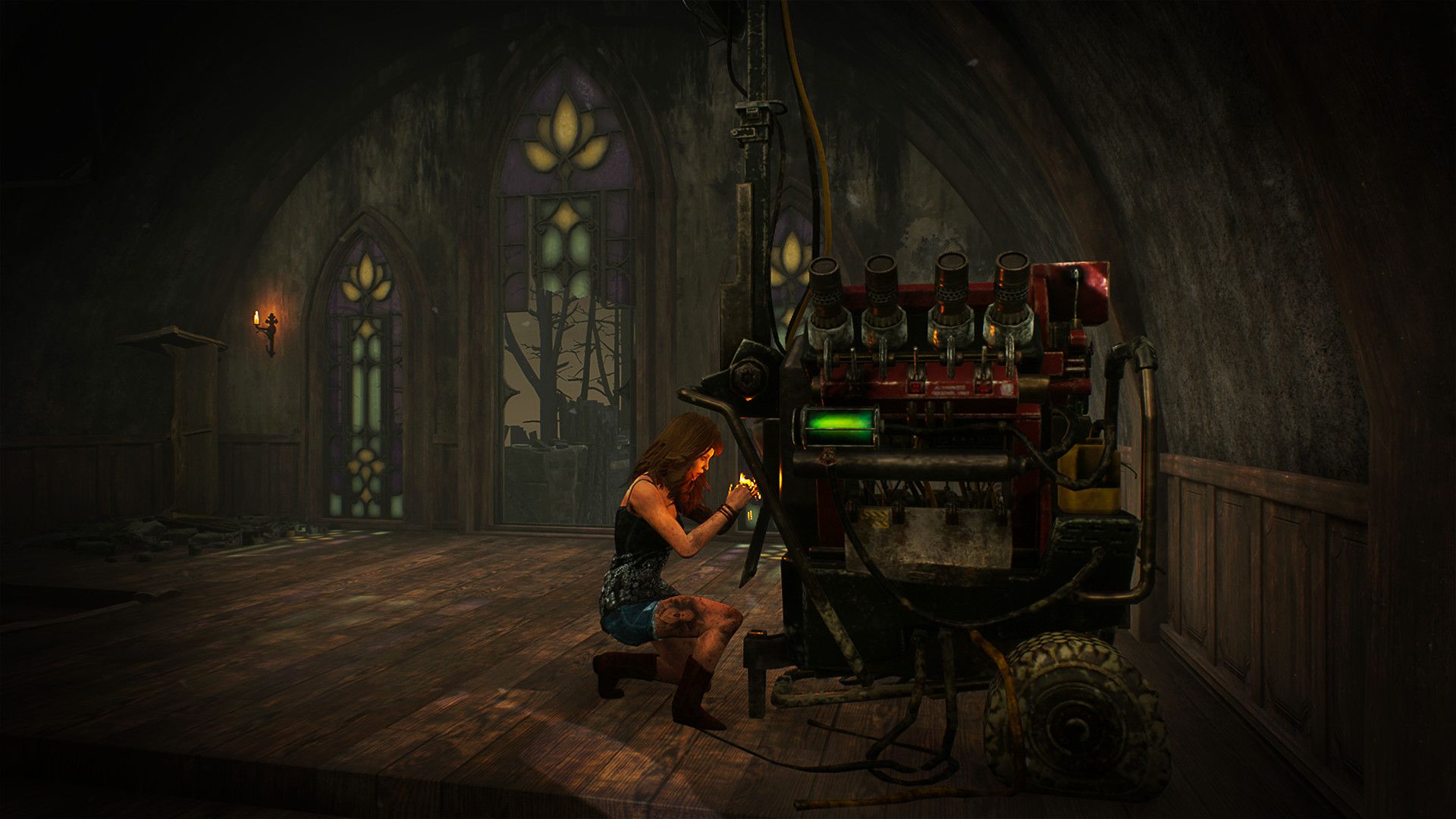 Kate Denson working on a generator in Dead By Daylight