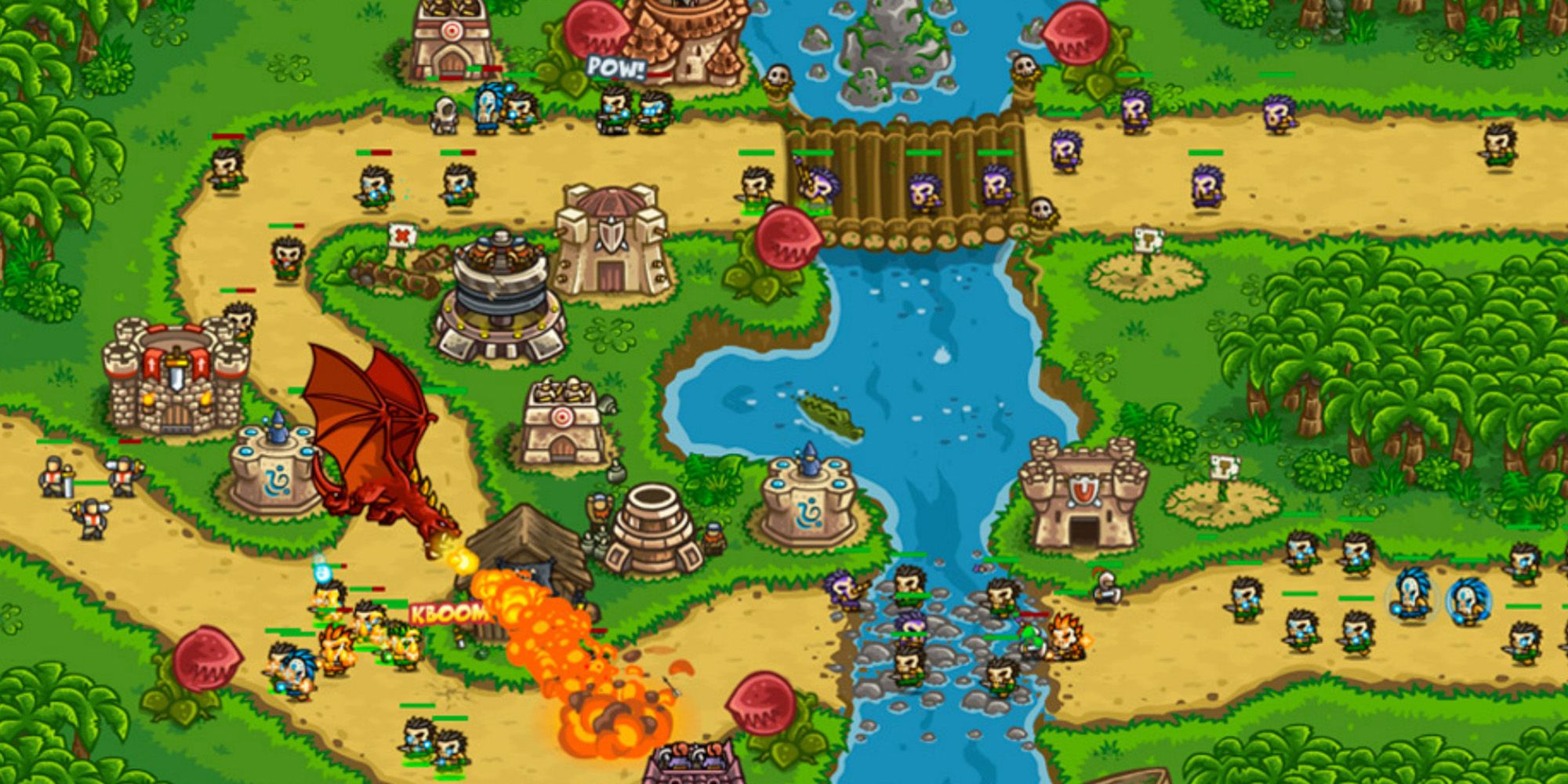 kingdom rush frontiers hordes of enemies advance along path while dragon breaths fire