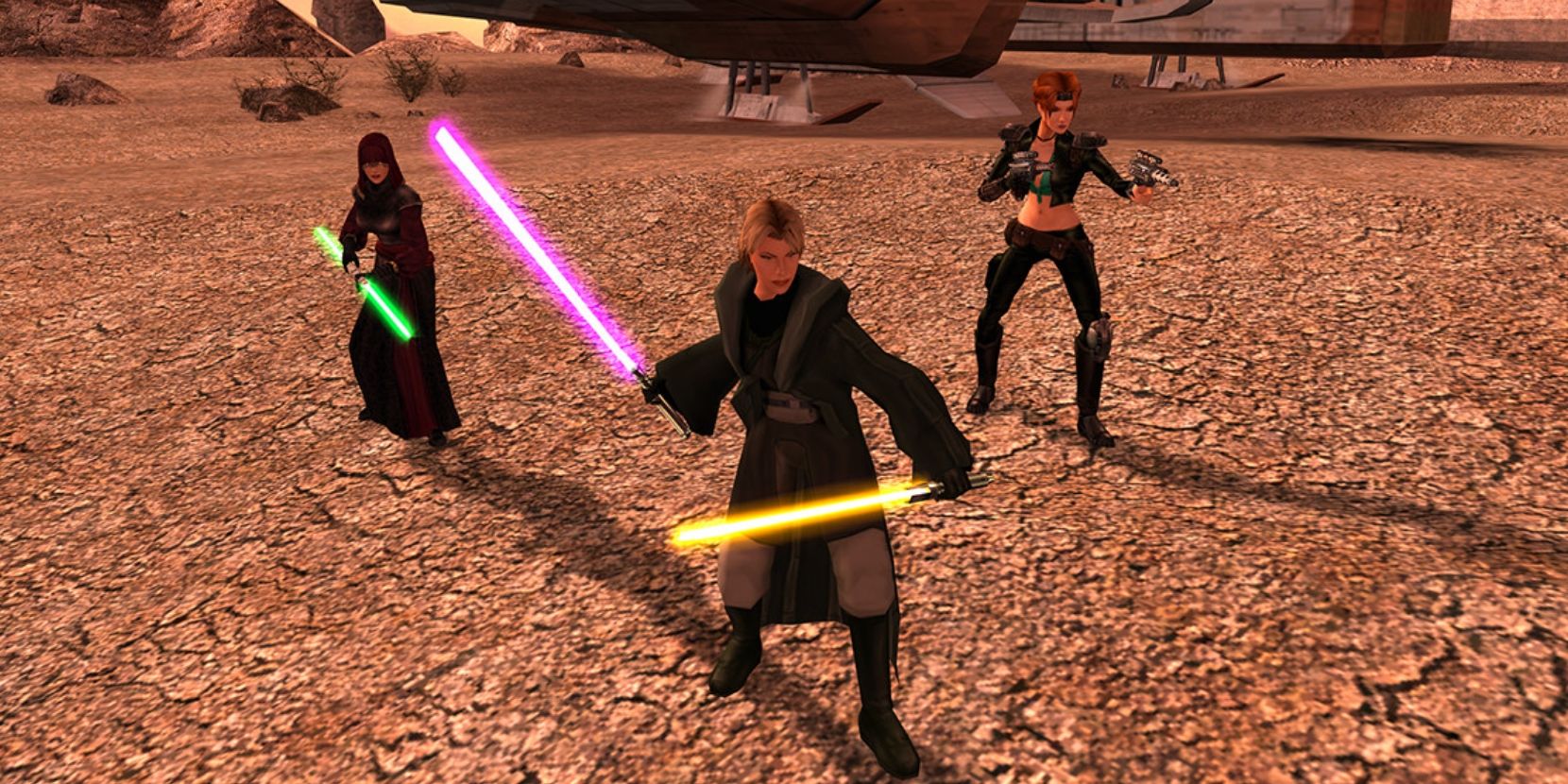 kotor 2 dual sith team dual-wielding multi-colored lightsabers, including purple and yellow.