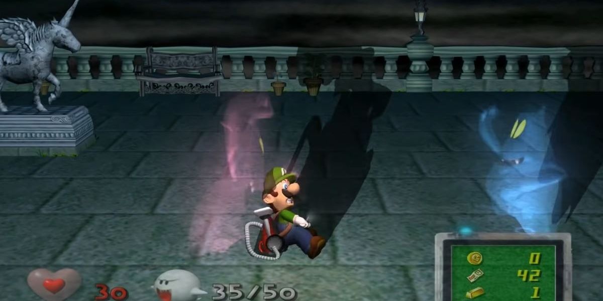 Luigi knocked down by ghosts in Luigi's Mansion