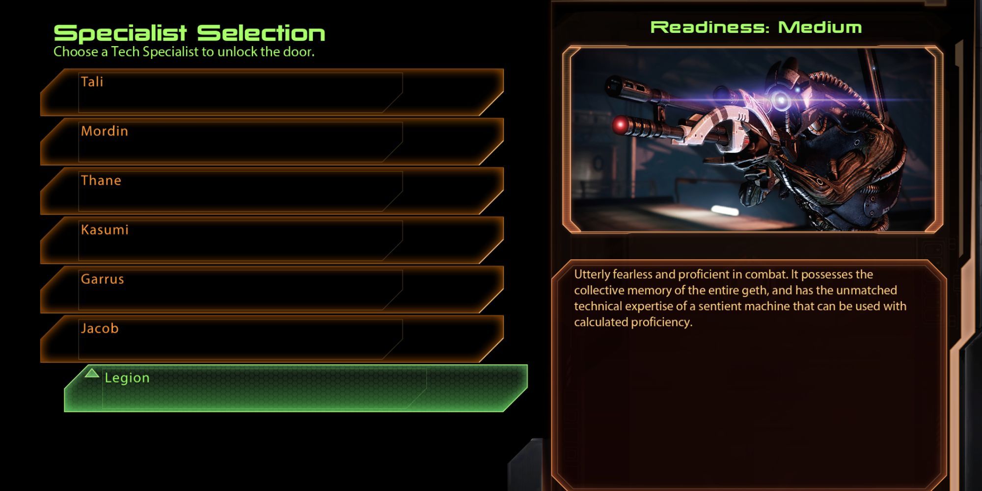 A screenshot from a modded Mass Effect 2 Suicide Mission. It reveals that Legion is at medium readiness.