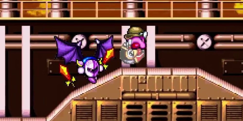 Meta Knight chases Kirby through the Halberd.