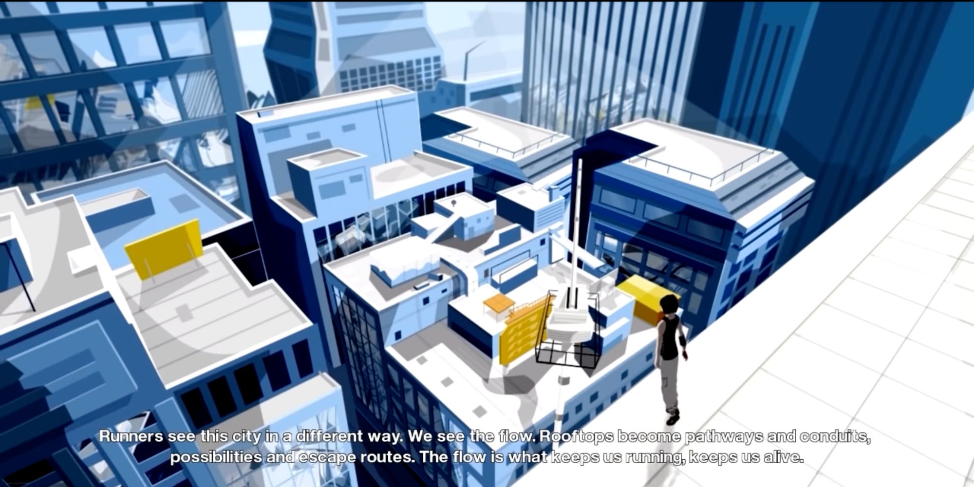 A screenshot of Mirror's Edge, showing Faith explaining what makes Runners special