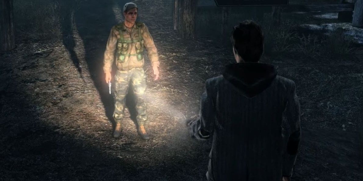 Alan looking at Mott in Alan Wake