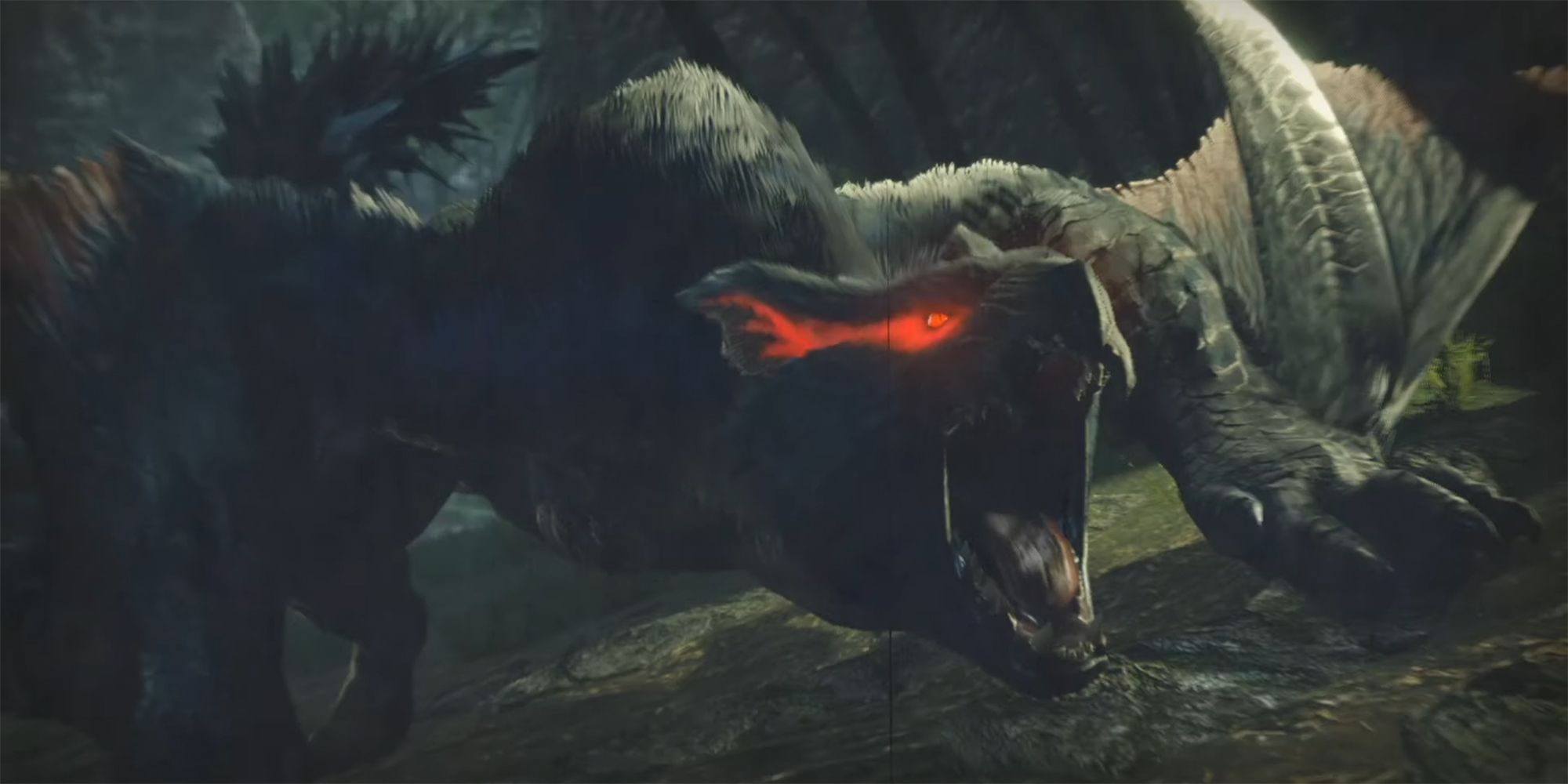 nargacuga in intro cutscene with trailing red eyes