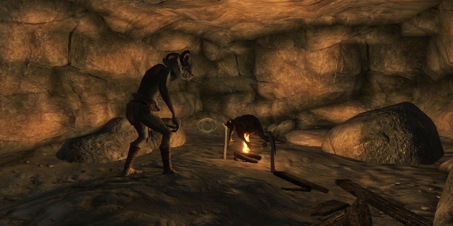 The Elder Scrolls Oblivion screenshot of a goblin in a cave.