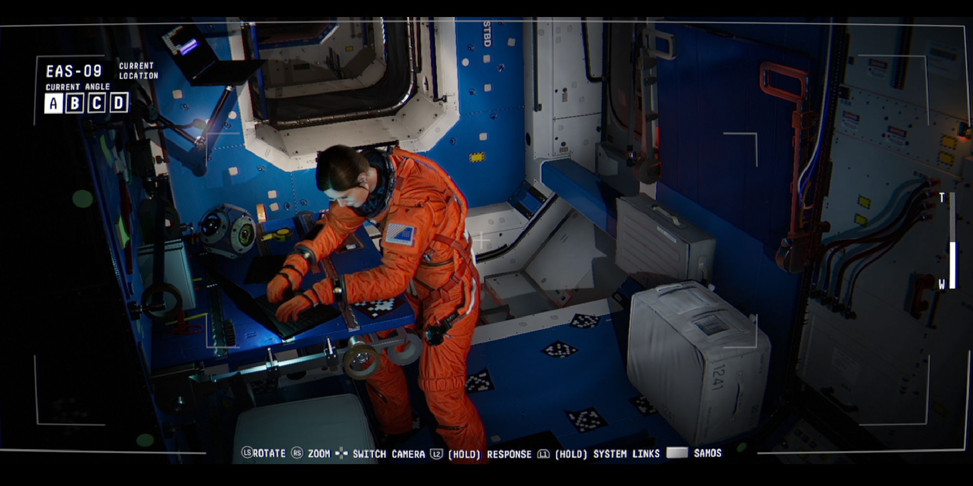 A screenshot of Observation, showing S.A.M. gazing at the sole remaining crew member on the space station