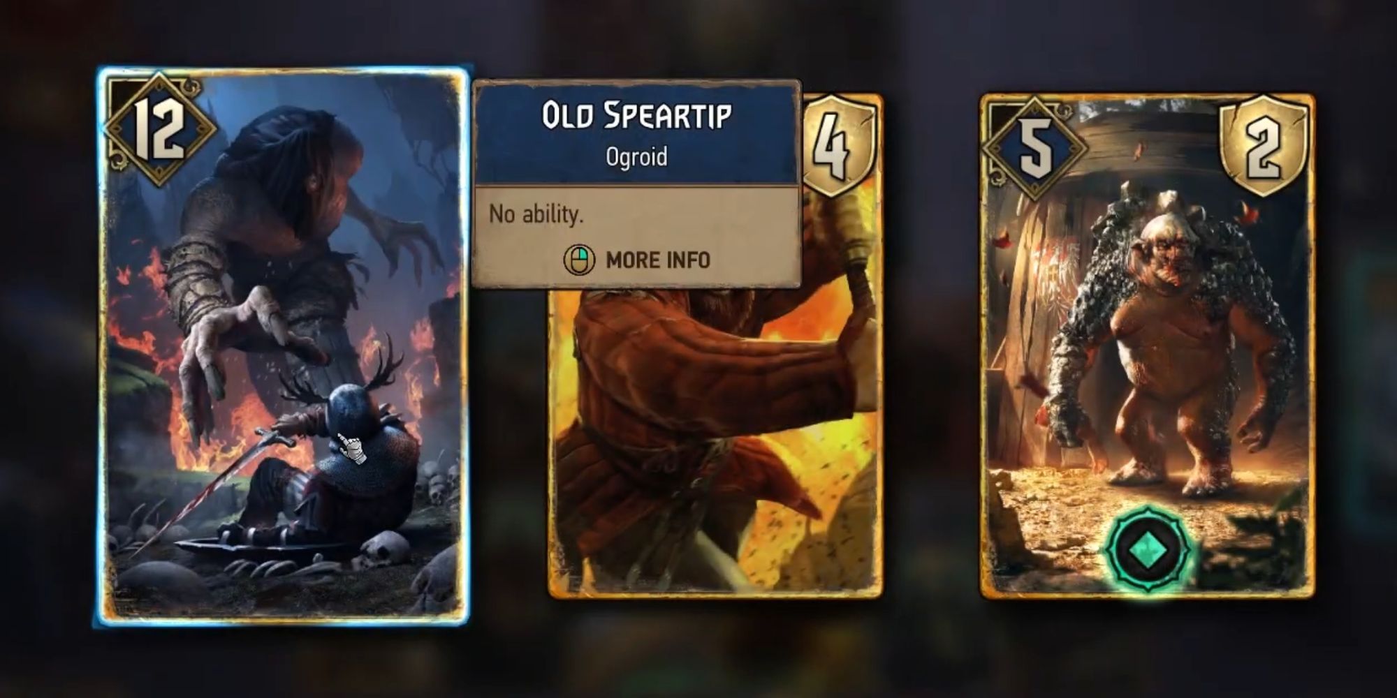 Gwent Rogue Mage Old Speartip card. Ogroid towering over a cowering knight.