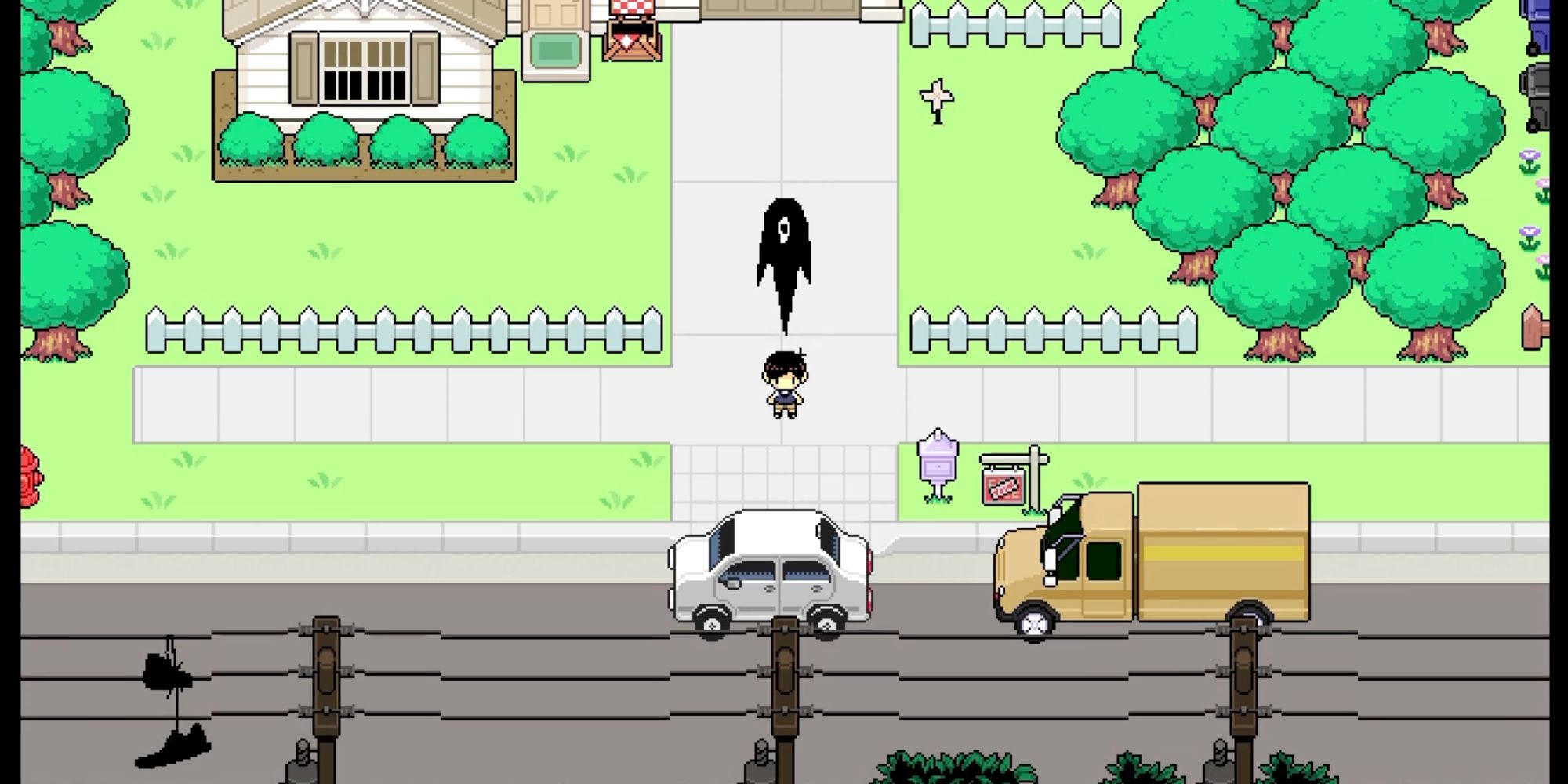 A screenshot from the Abandon Ending of Omori, showing Sunny walking to his mom's car trailed by the Something ghost that's been haunting him