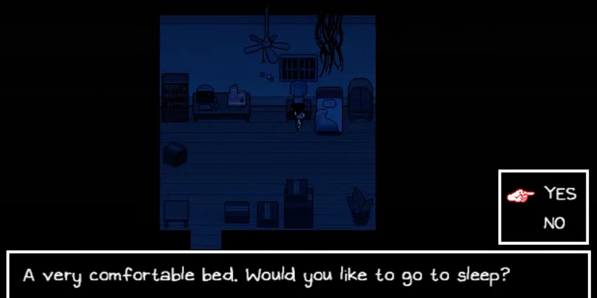 A screenshot from the Knife Ending of Omori, showing Sunny choosing to sleep in his bed as a black mark appears on the wall behind it