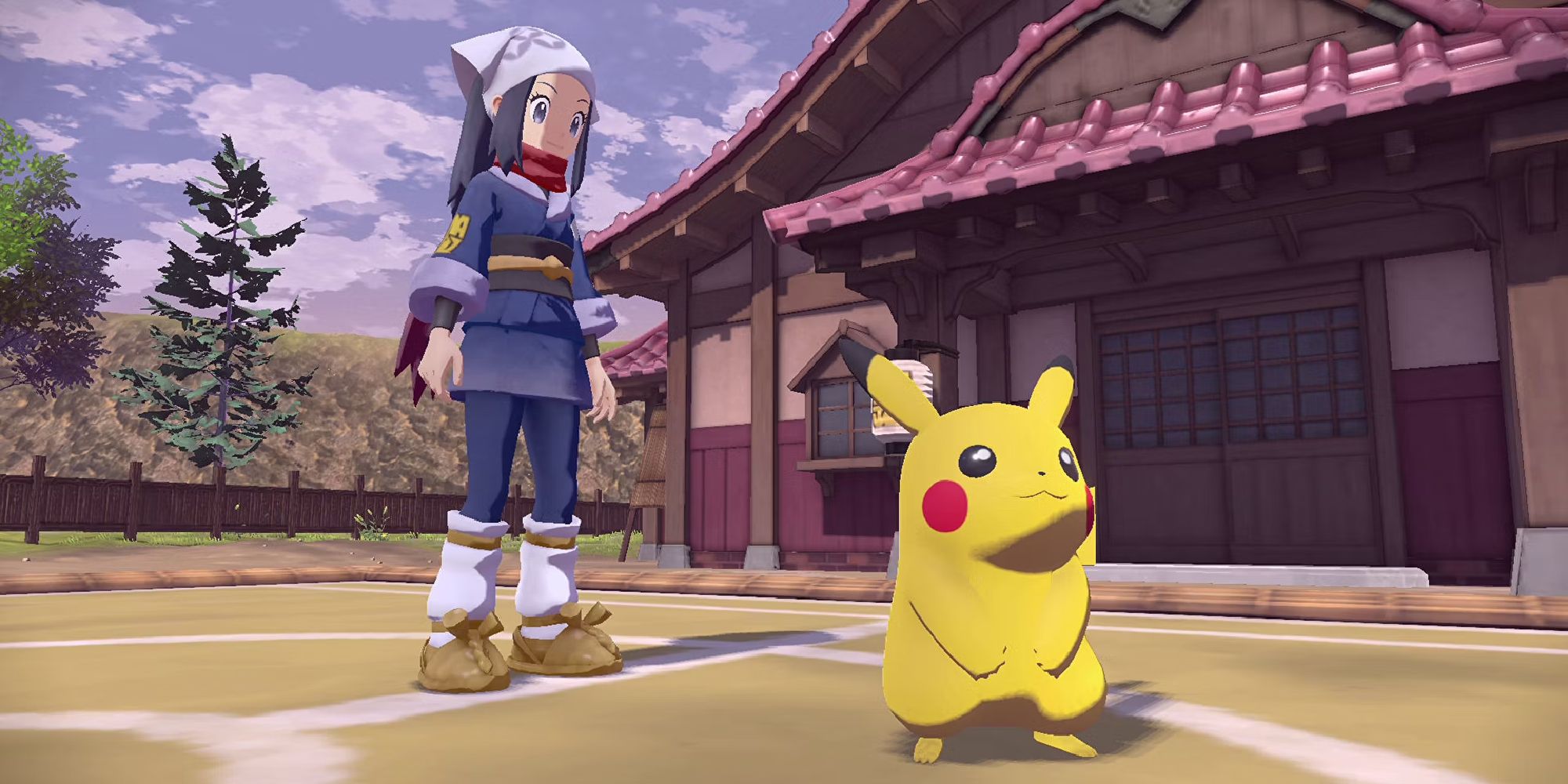 Pikachu standing by the player in Pokemon Legends Arceus