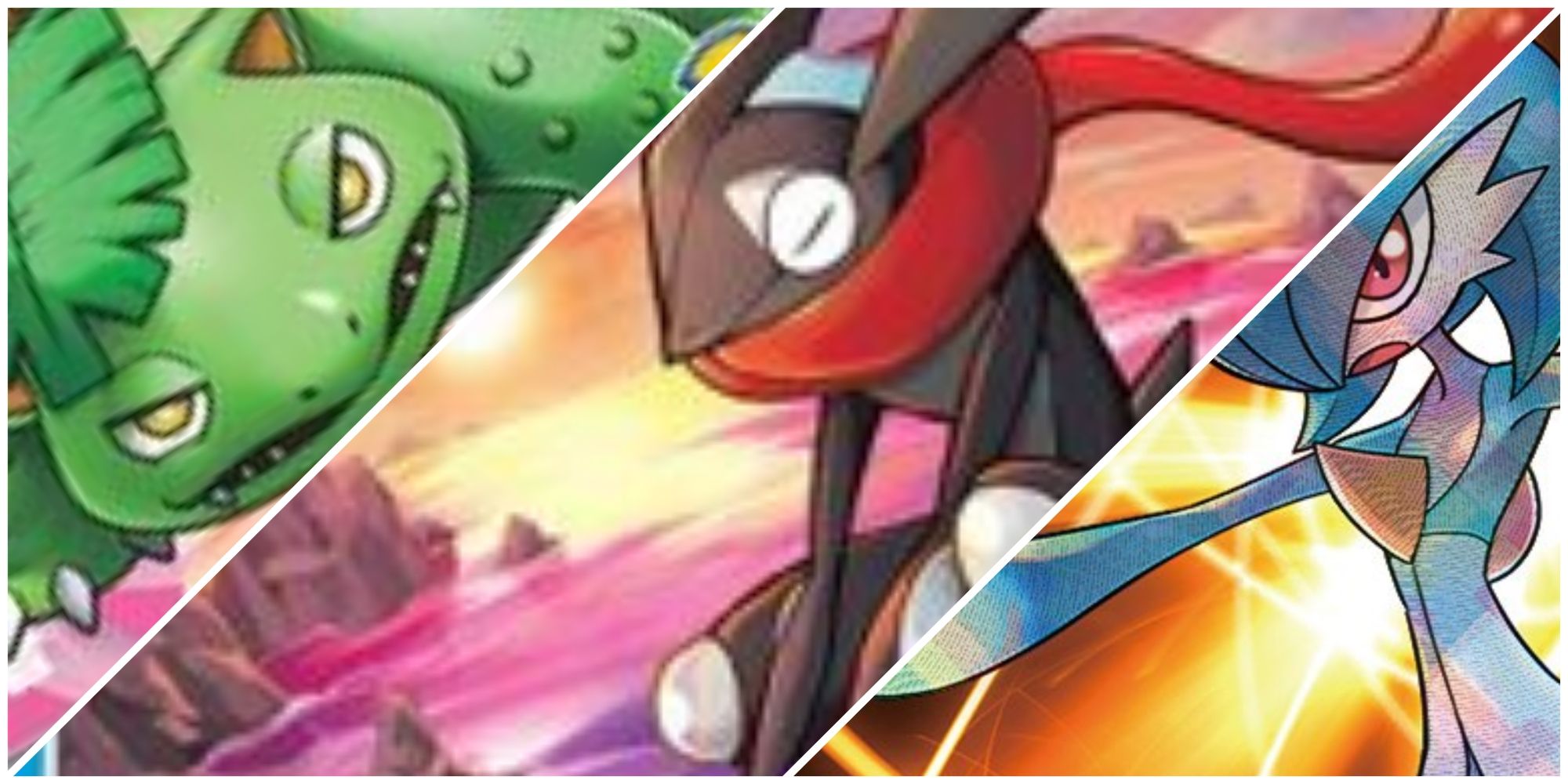 Split image of Shiny Venusaur, Shiny Greninja and Shiny Gardevoir.