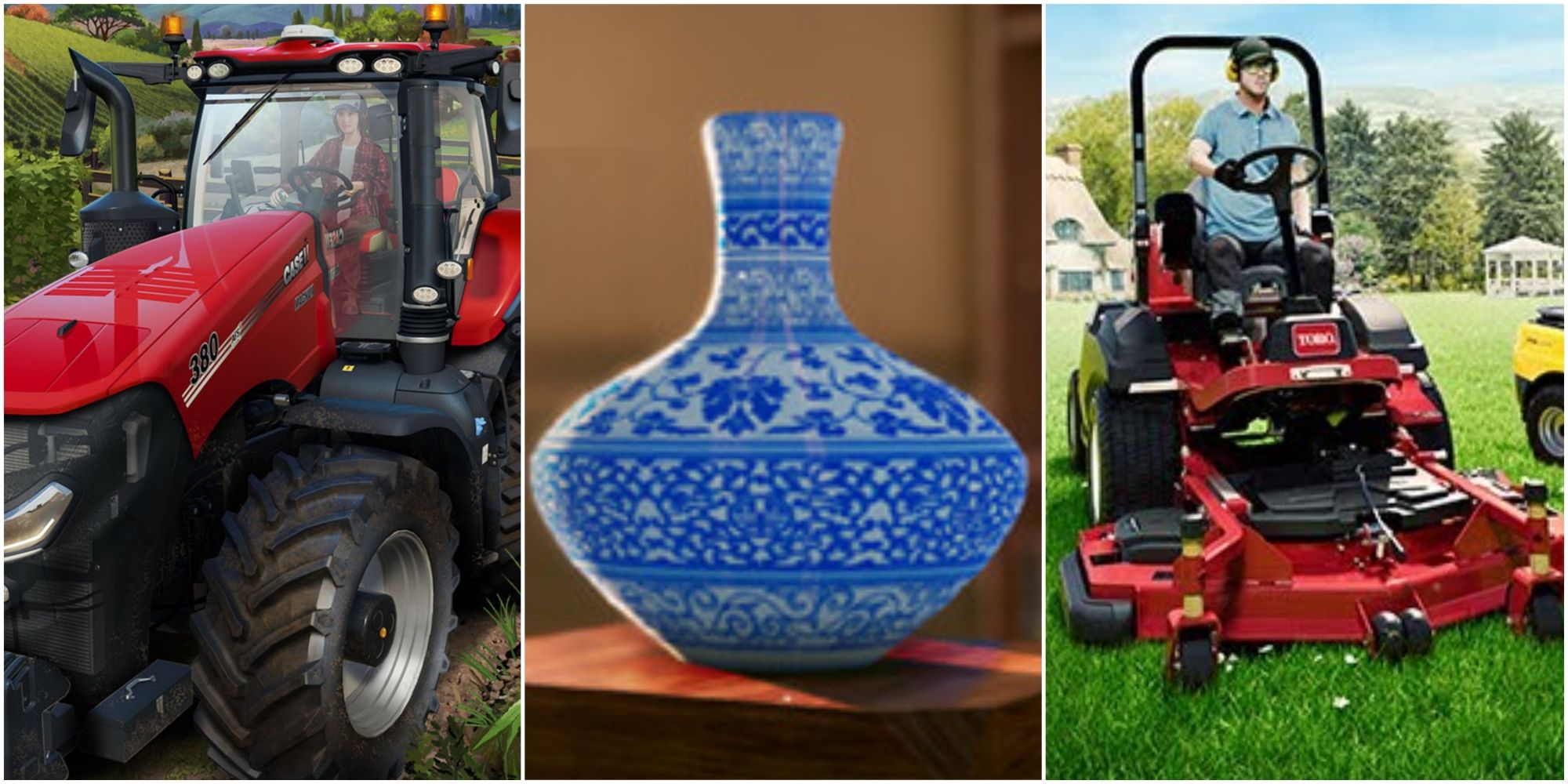 split image of tractor, vase, and lawn mower 