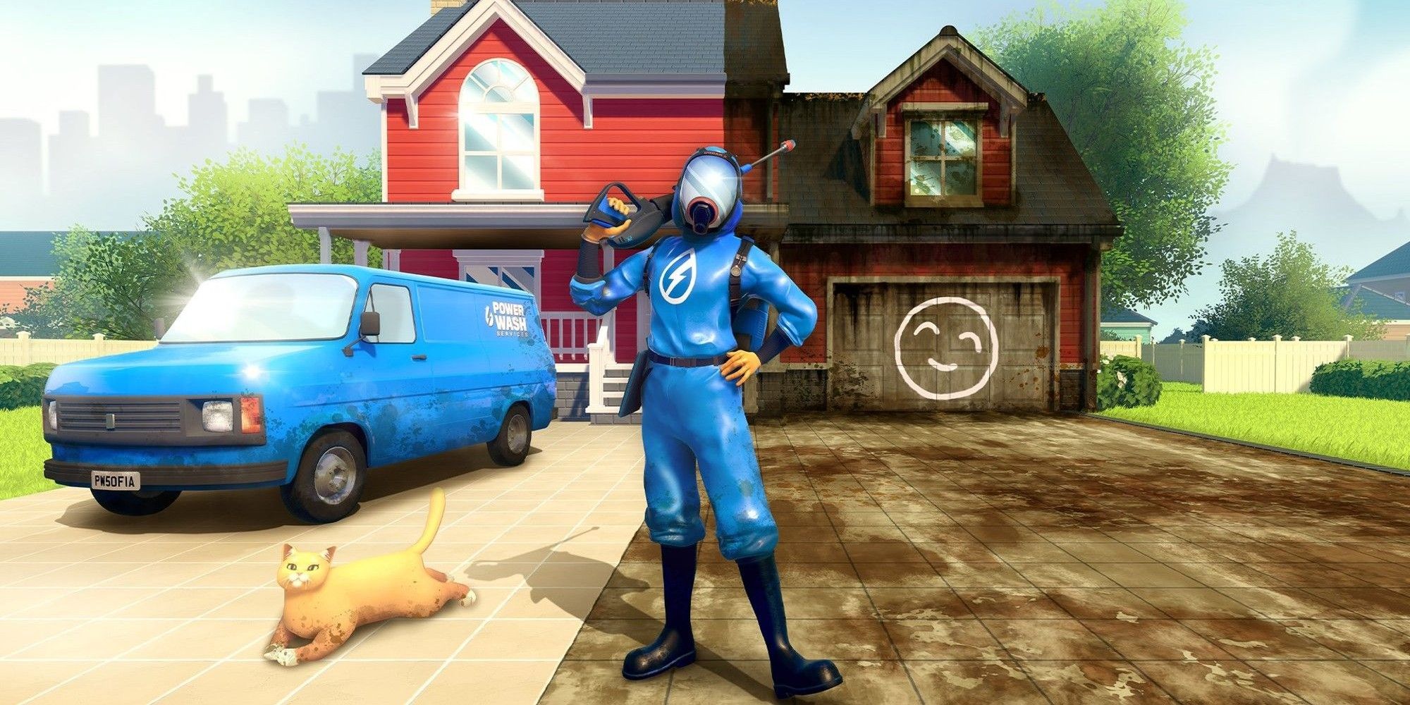 PowerWash Simulator key art with character in blue hazmat suit, with gleaming clean truck and house to left and filthy garage and driveway to right.