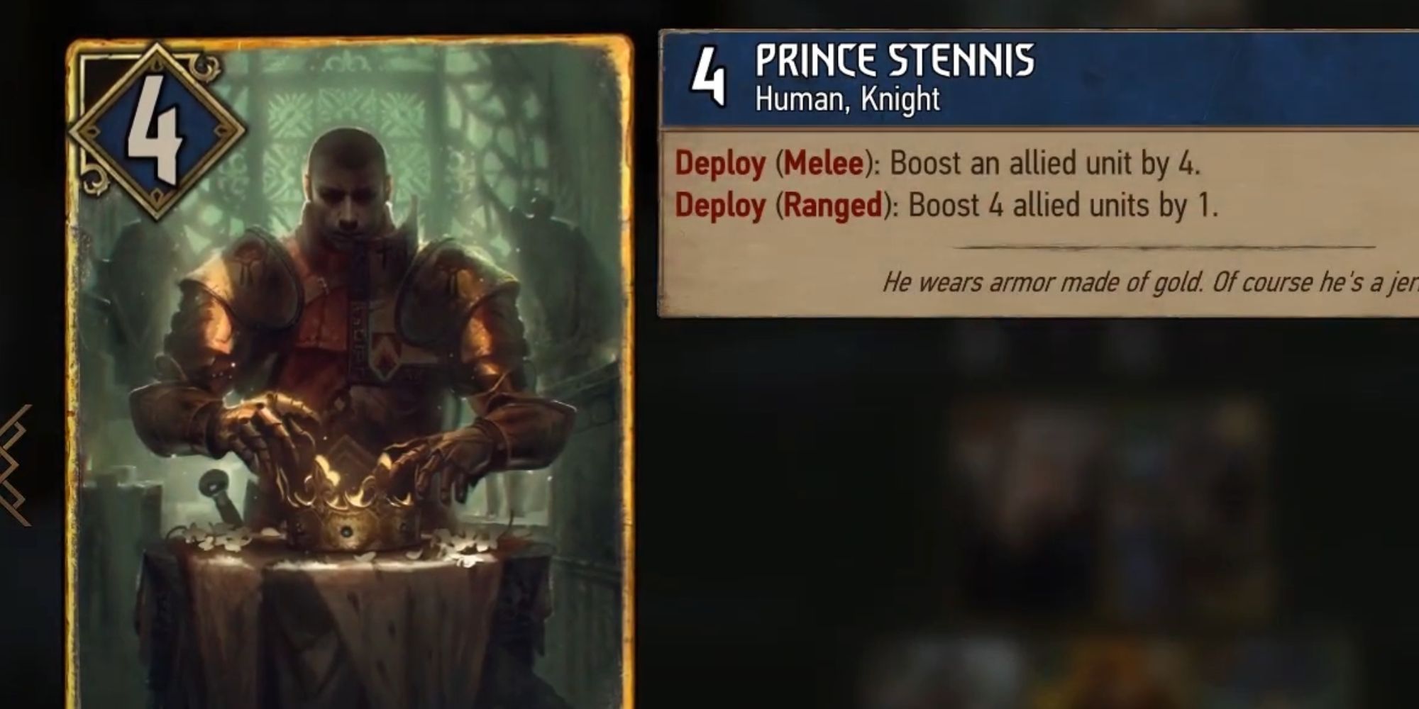 Gwent Rogue Mage Prince Stennis card. Prince Stennis reaching for his crown.