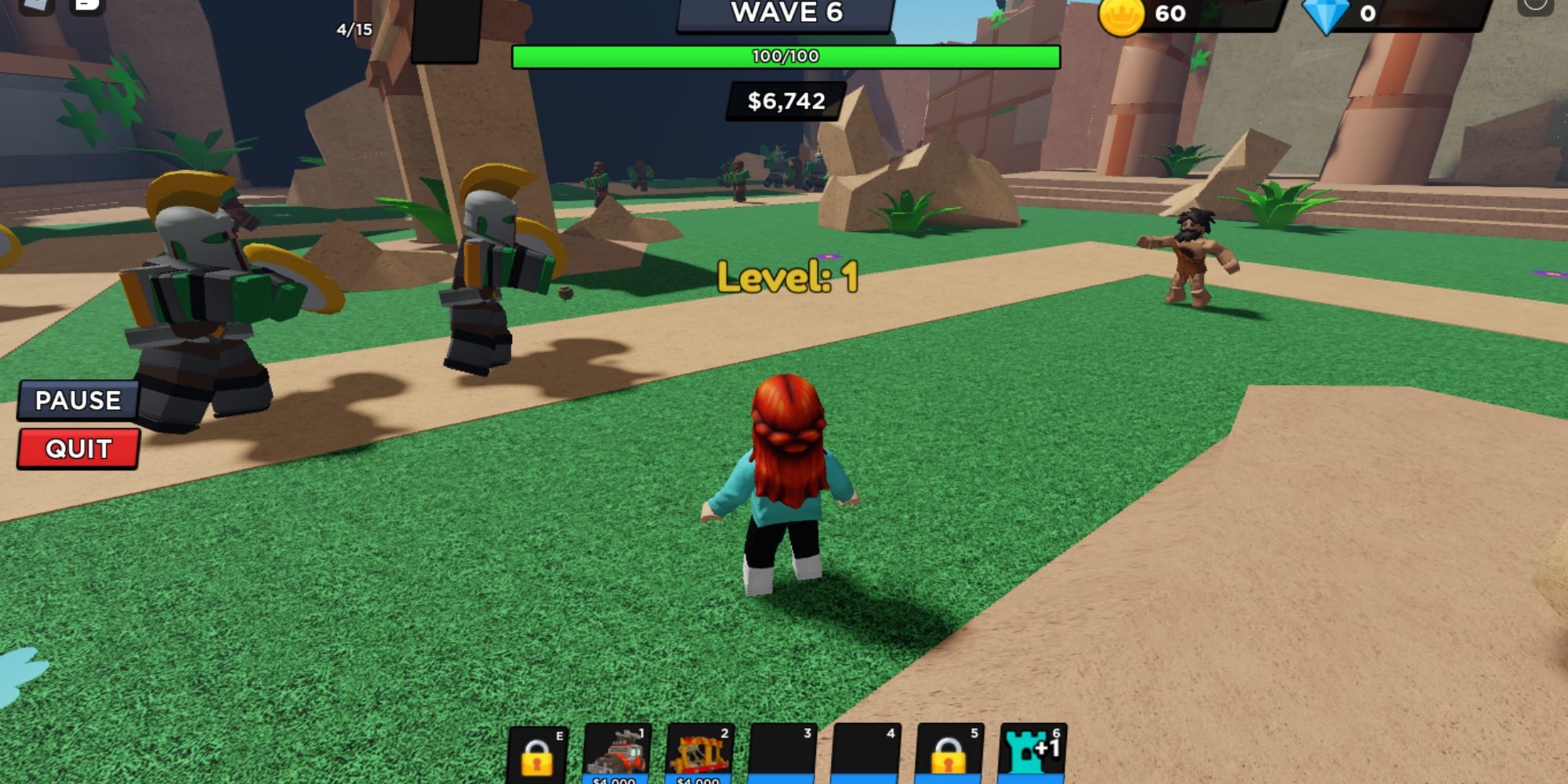 Two giant armored roblox enemies follow the path towards a lone man throwing rocks at them