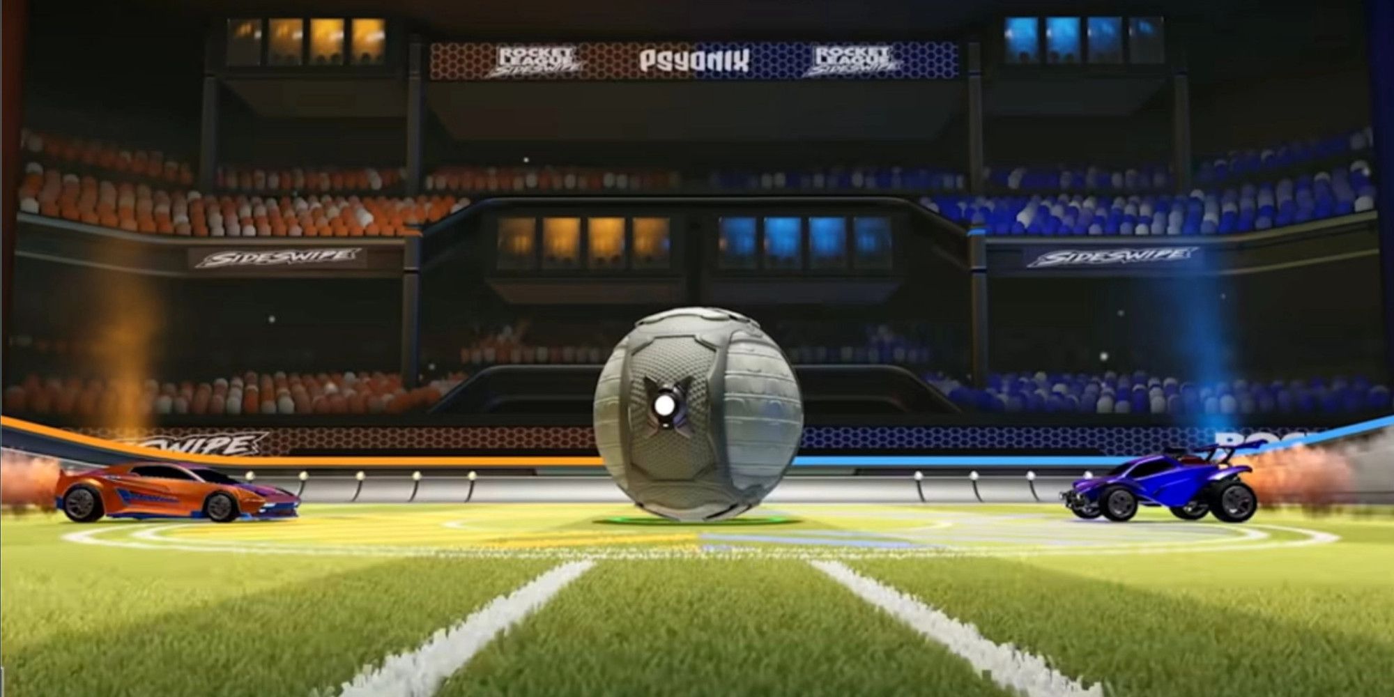 Rocket League: a blue and orange car line up for the opening kickoff.