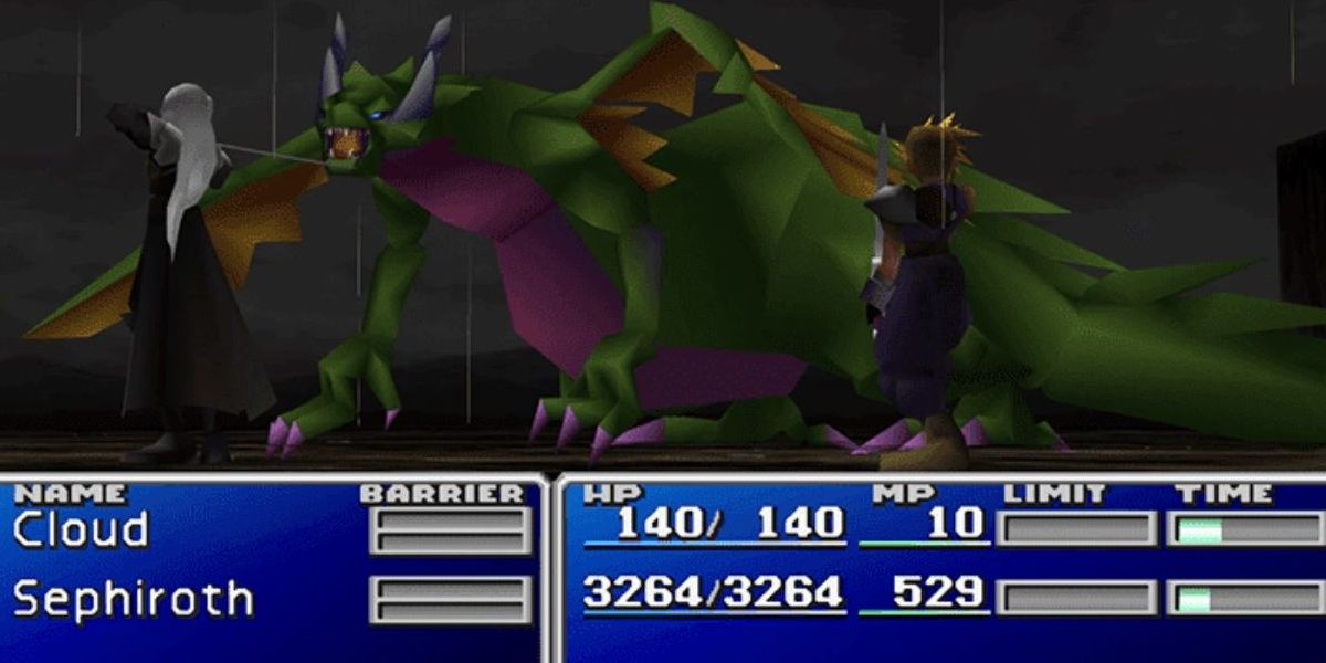 Cloud and Sephiroth fighting a monster in Final Fantasy 7